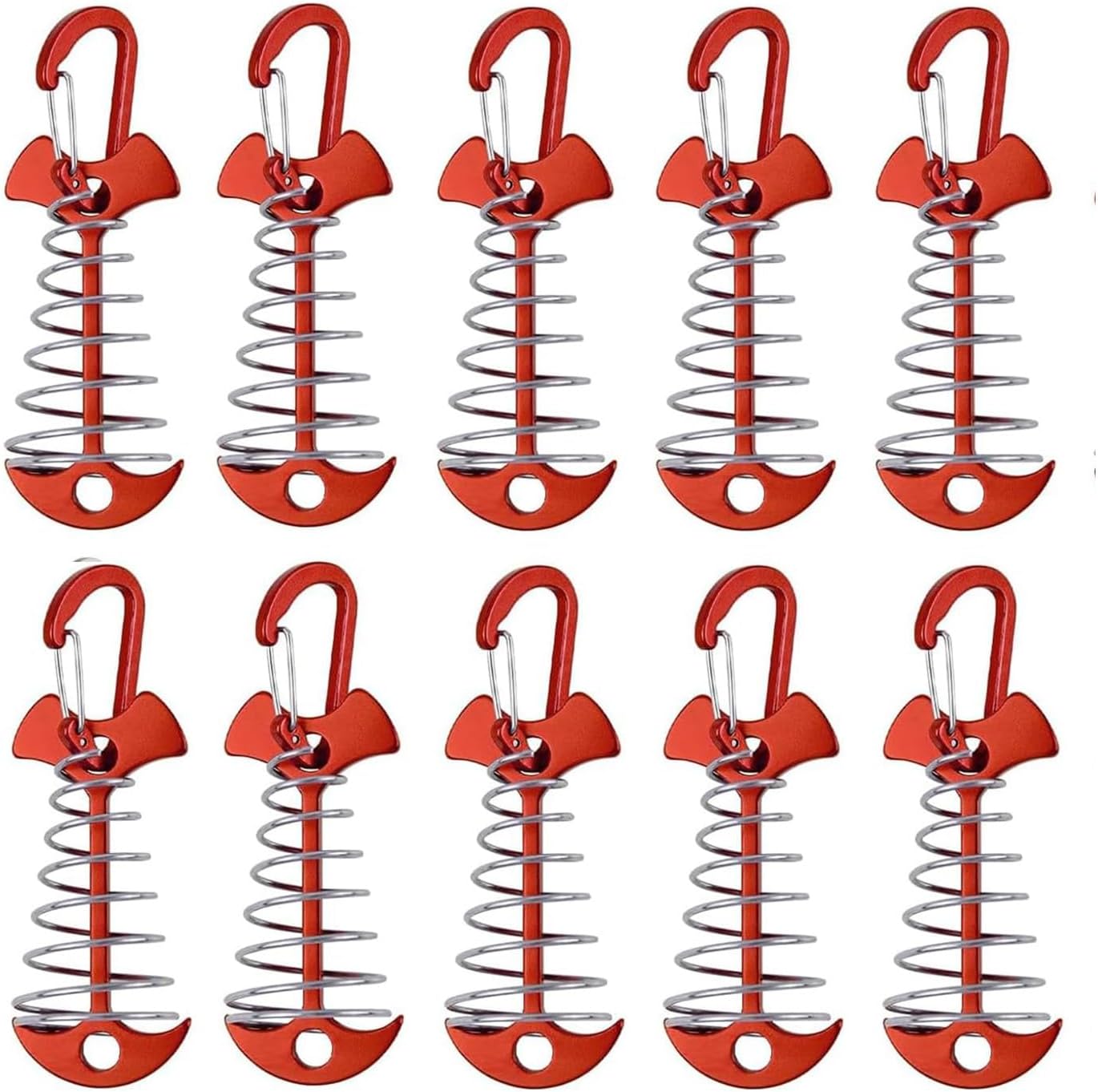 10 Pcs Fishbone Tent Stakes with Carabiners ， Aluminum Alloy & Stainless Steel Windproof Anchors with Carabiners， Deck Spring Tensioner for Camping Canopy, Hiking Gear，Essential for Mountain Climbing - Image 1