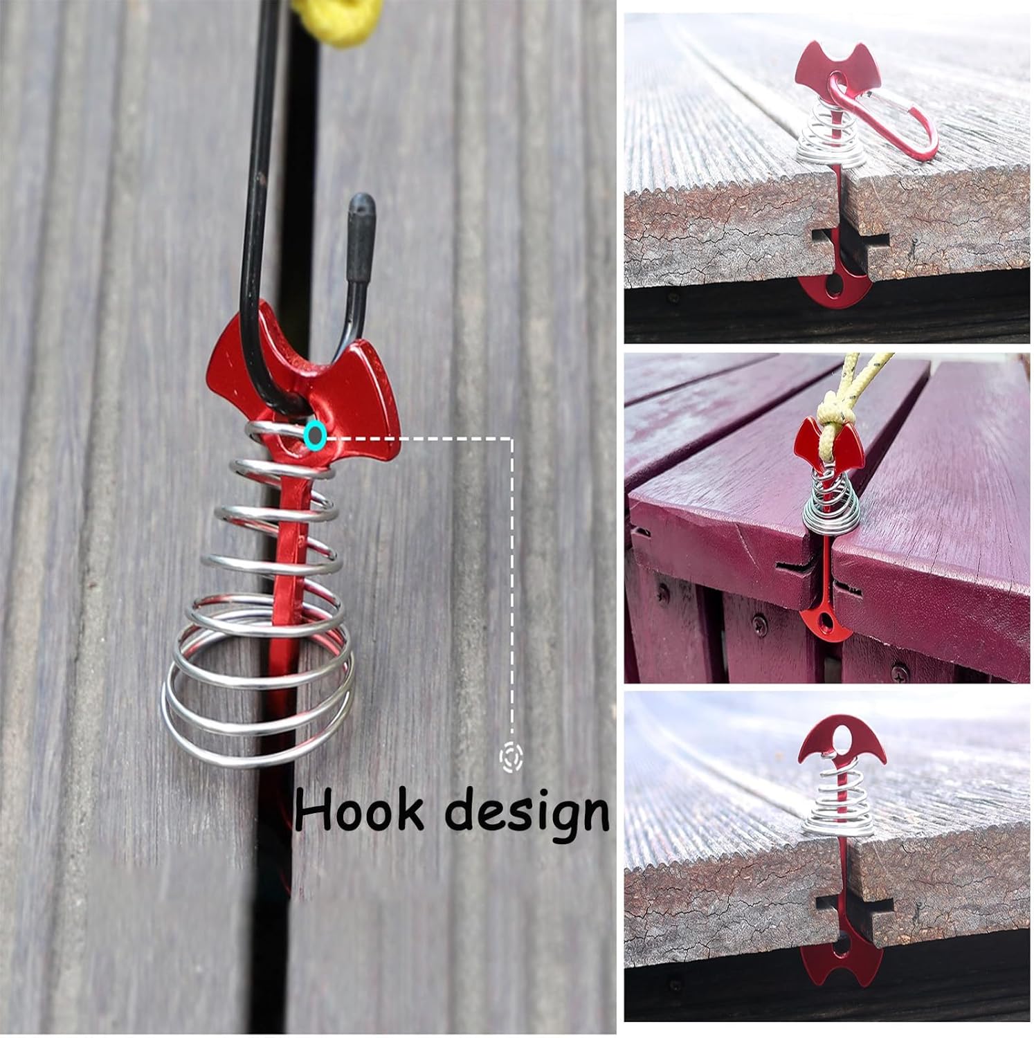 10 Pcs Fishbone Tent Stakes with Carabiners ， Aluminum Alloy & Stainless Steel Windproof Anchors with Carabiners， Deck Spring Tensioner for Camping Canopy, Hiking Gear，Essential for Mountain Climbing - Image 6