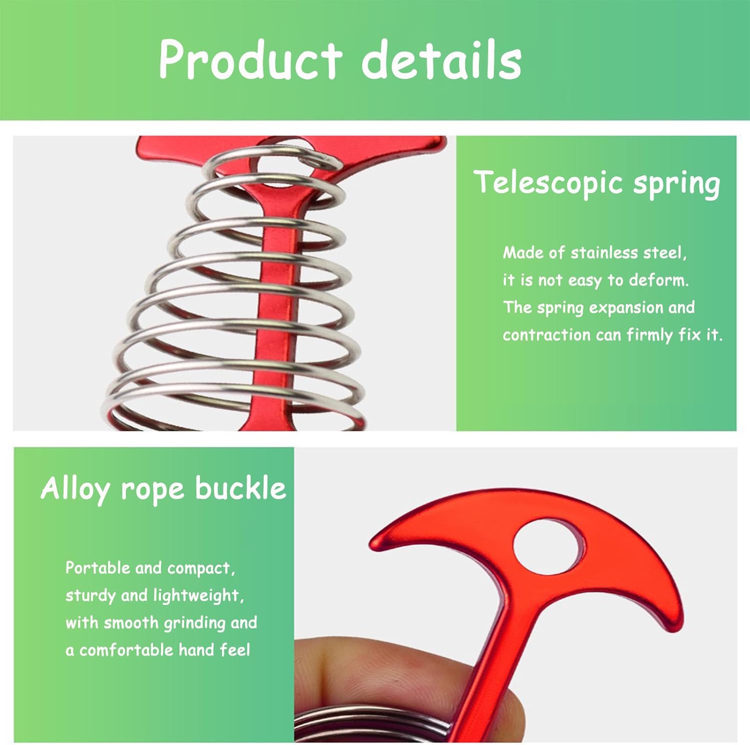 10 Pcs Fishbone Tent Stakes with Carabiners ， Aluminum Alloy & Stainless Steel Windproof Anchors with Carabiners， Deck Spring Tensioner for Camping Canopy, Hiking Gear，Essential for Mountain Climbing - Image 7