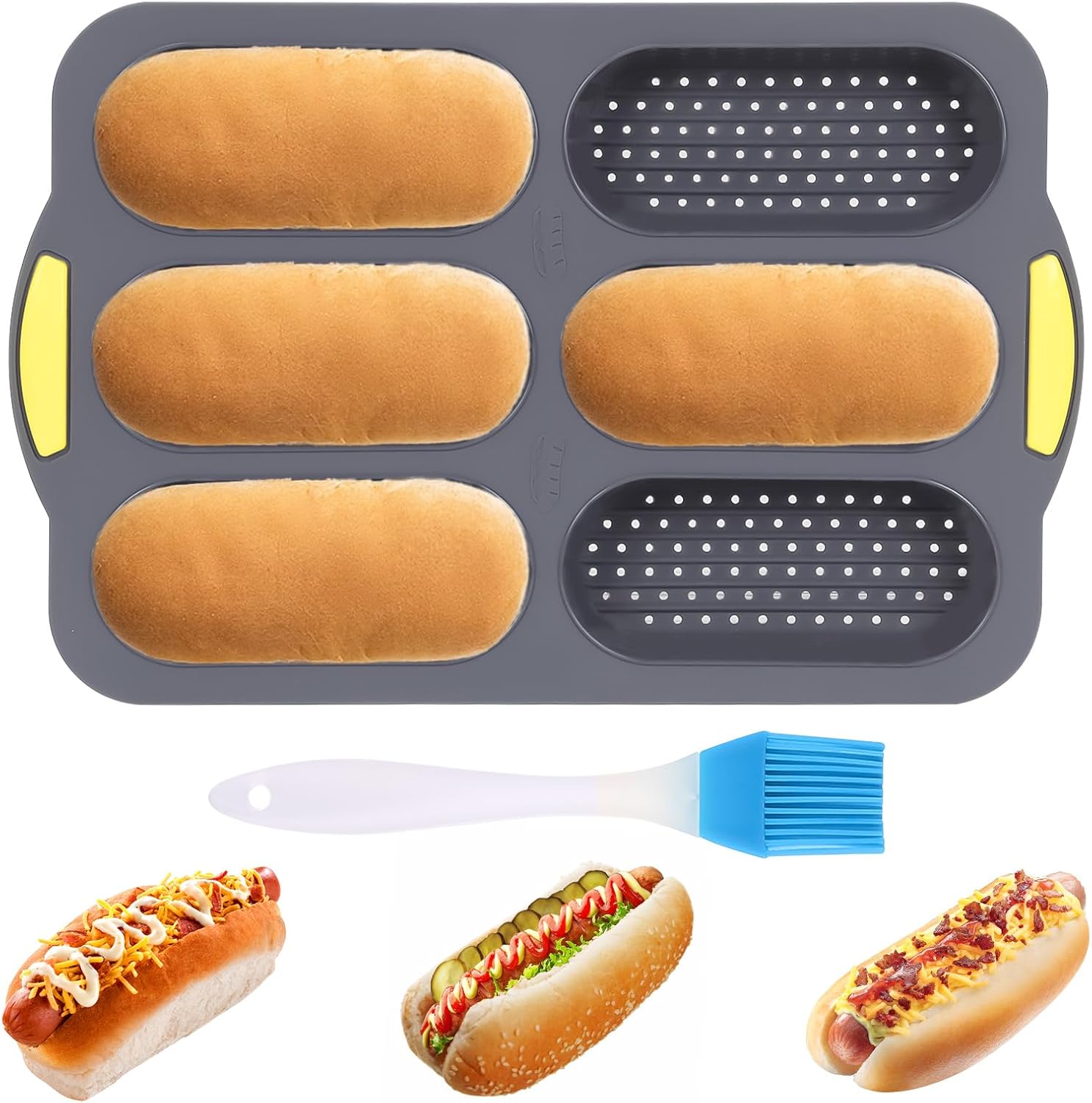 Hot Dog Bun Pan, Baguette Sandwich Baking Tray, with Oil Brush, Non-Stick Mold for French Bread, Sandwiches, Microwave, Oven Safe (A) - Image 1