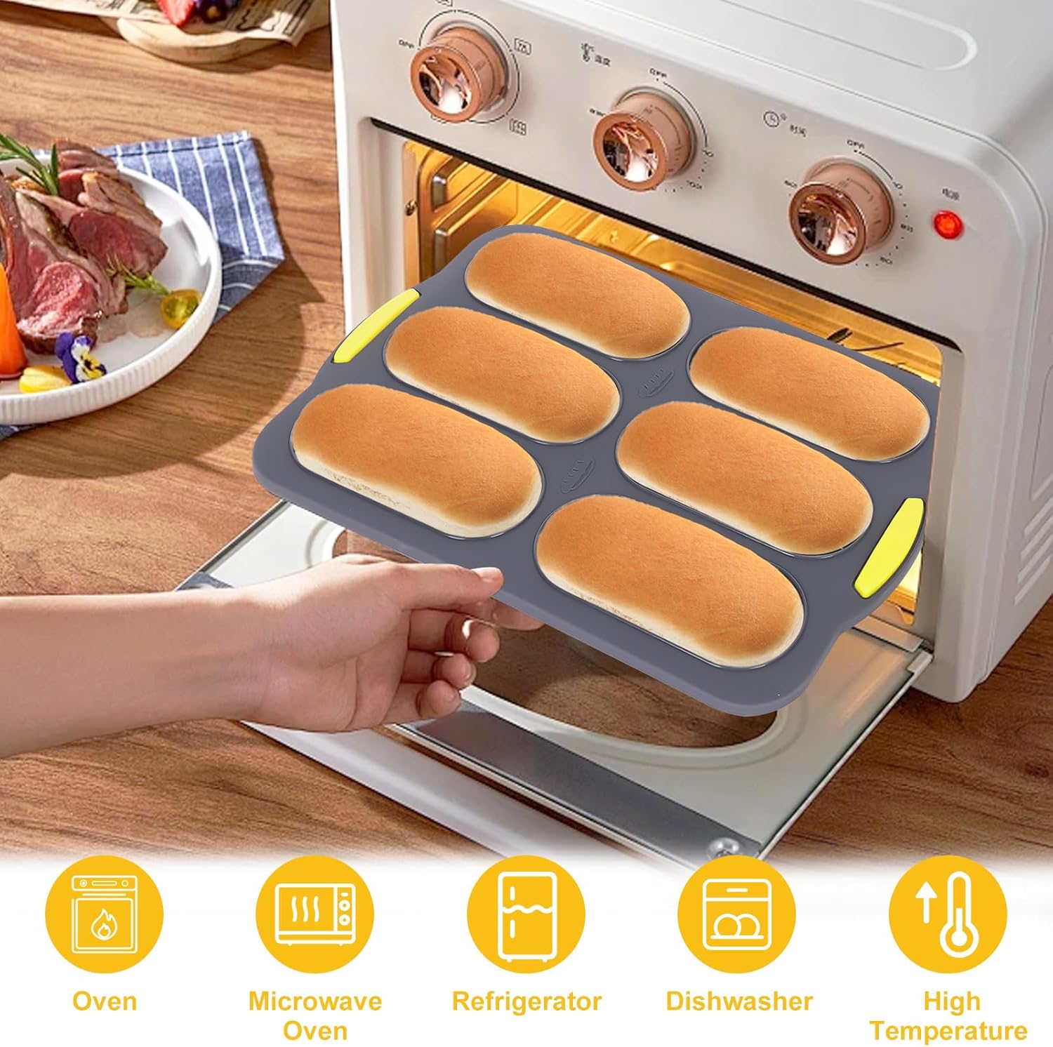 Hot Dog Bun Pan, Baguette Sandwich Baking Tray, with Oil Brush, Non-Stick Mold for French Bread, Sandwiches, Microwave, Oven Safe (A) - Image 2
