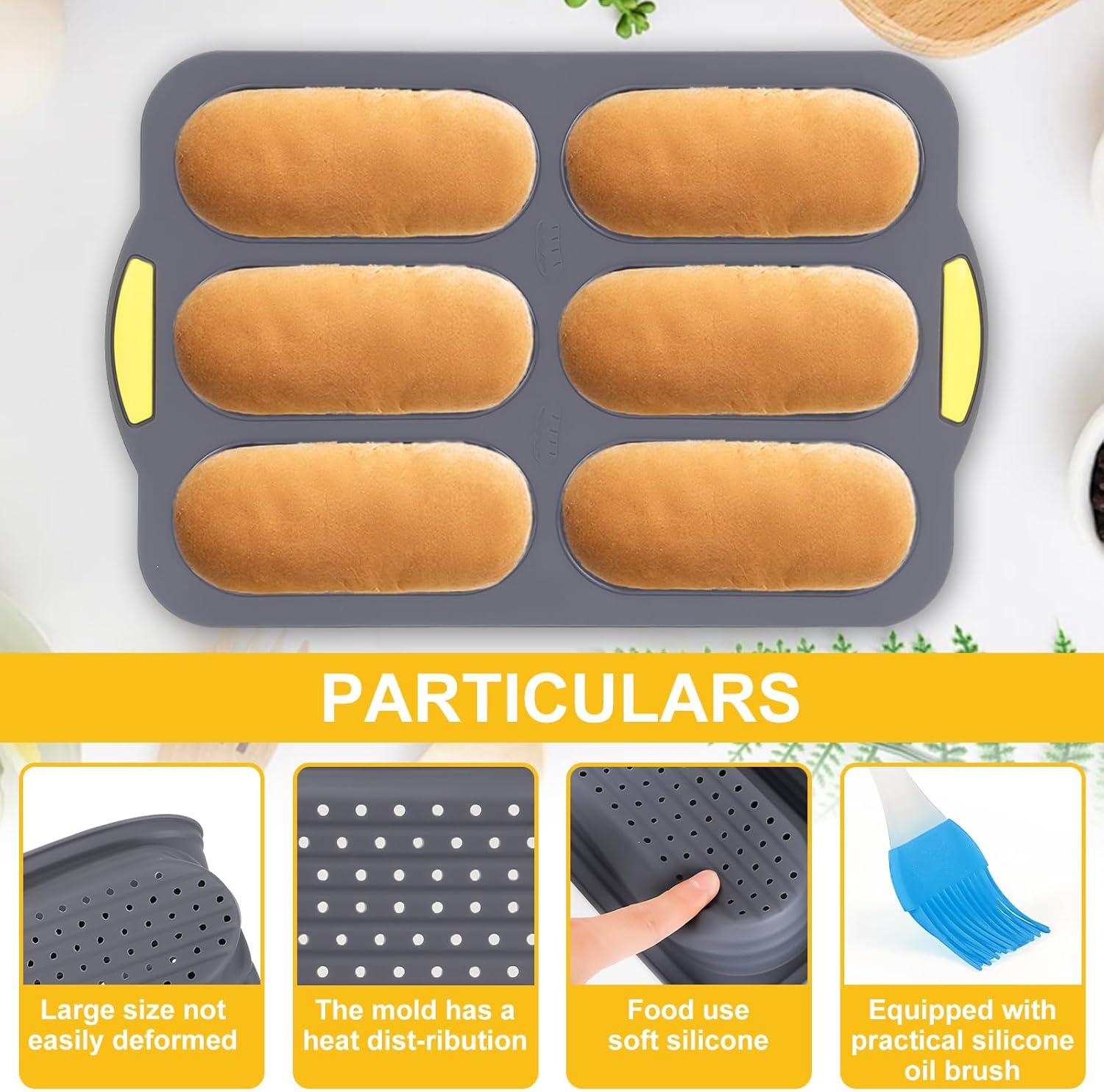 Hot Dog Bun Pan, Baguette Sandwich Baking Tray, with Oil Brush, Non-Stick Mold for French Bread, Sandwiches, Microwave, Oven Safe (A) - Image 3