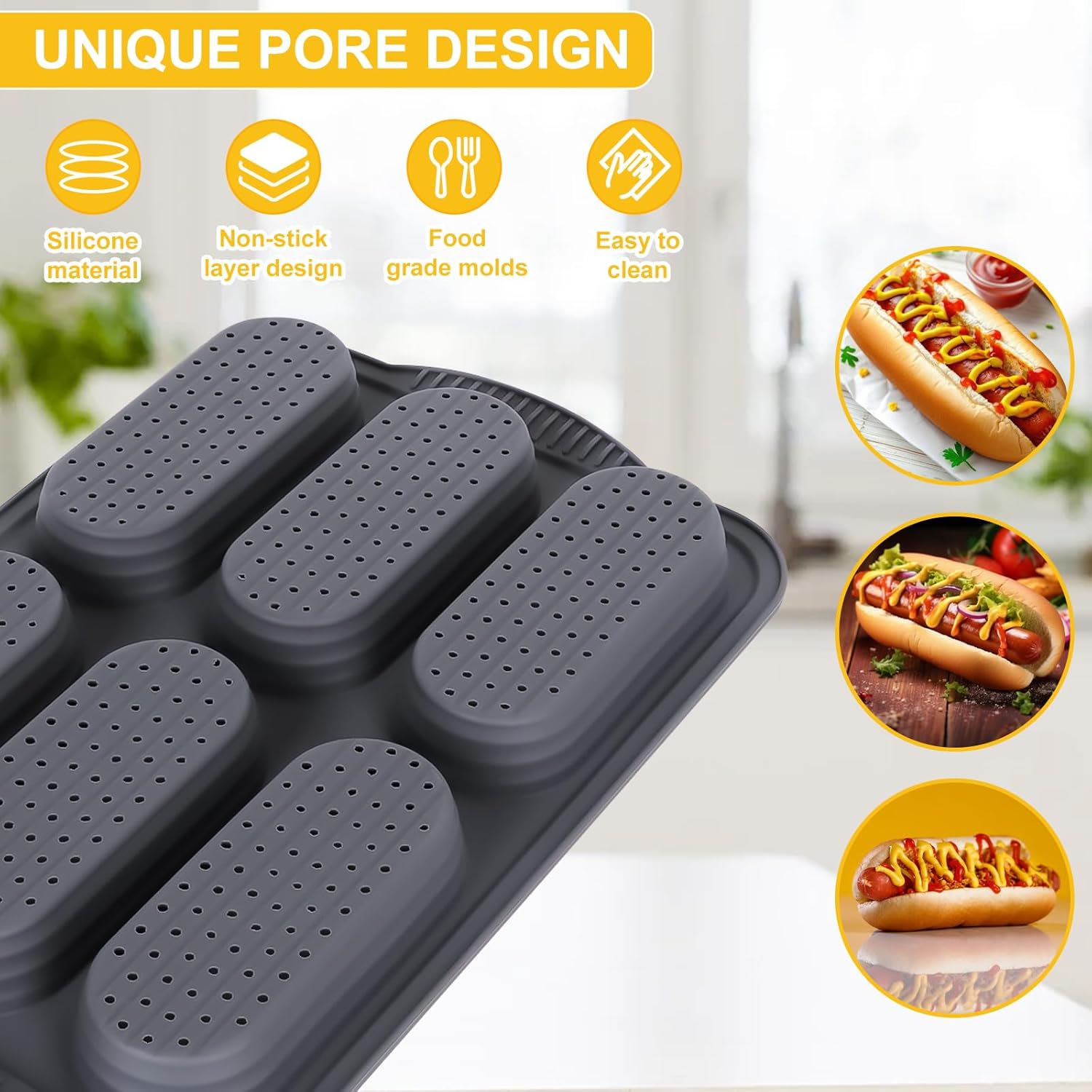 Hot Dog Bun Pan, Baguette Sandwich Baking Tray, with Oil Brush, Non-Stick Mold for French Bread, Sandwiches, Microwave, Oven Safe (A) - Image 4