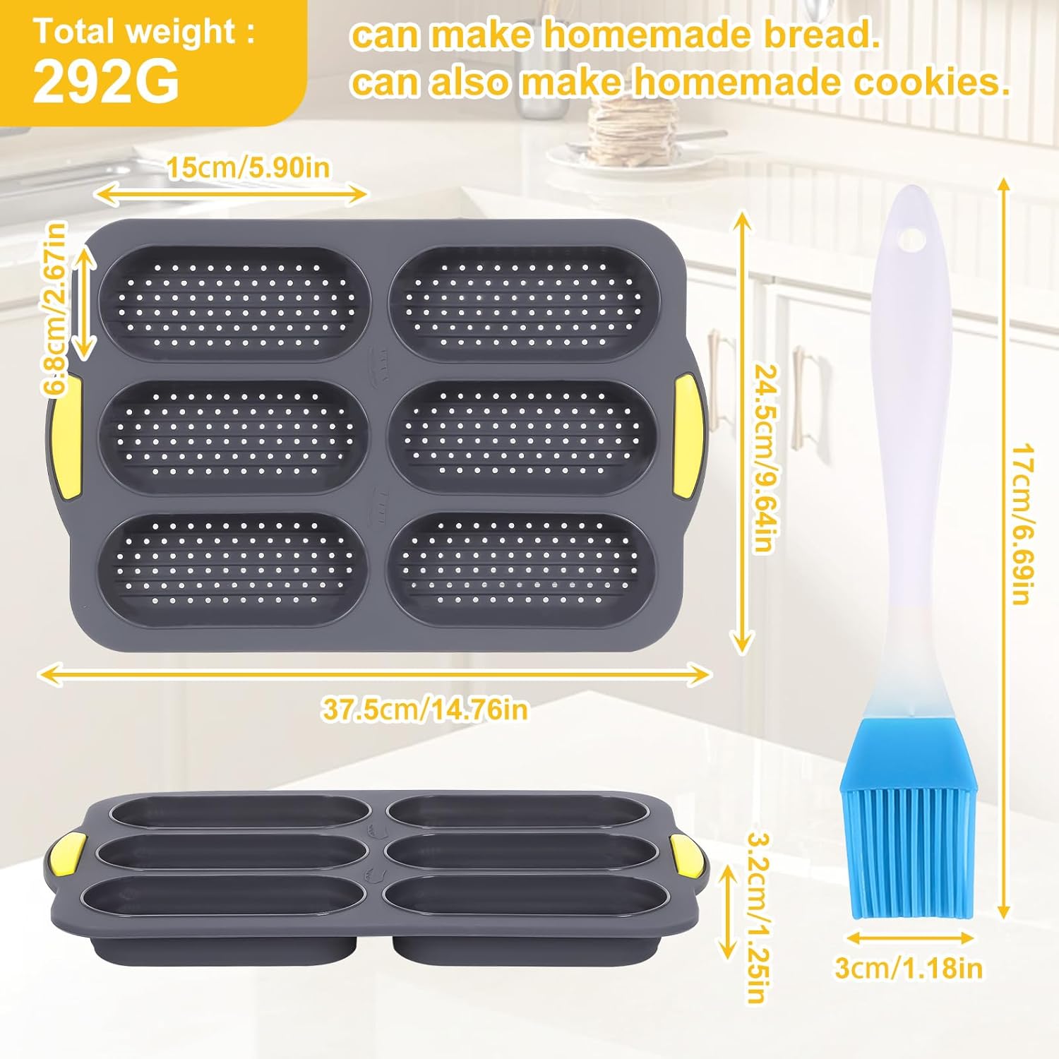 Hot Dog Bun Pan, Baguette Sandwich Baking Tray, with Oil Brush, Non-Stick Mold for French Bread, Sandwiches, Microwave, Oven Safe (A) - Image 5
