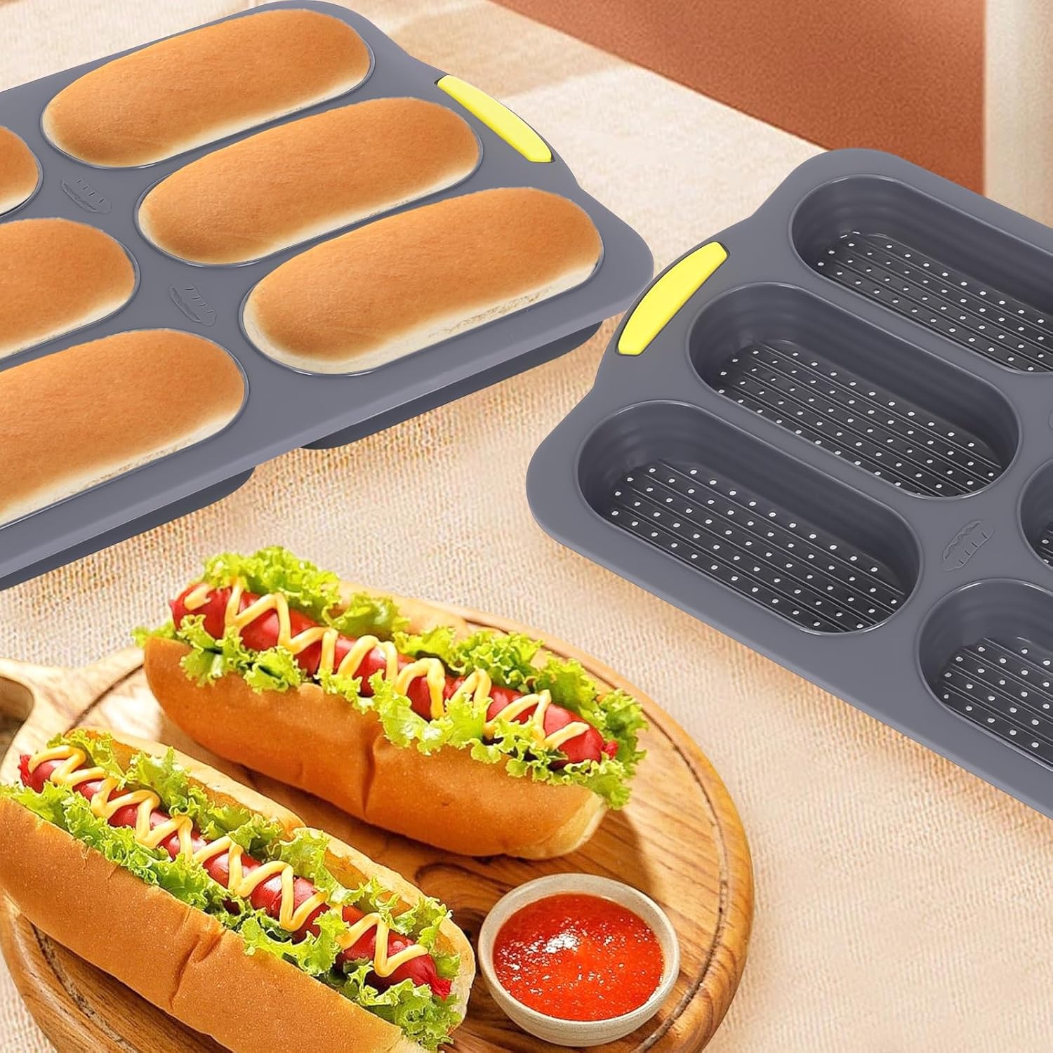 Hot Dog Bun Pan, Baguette Sandwich Baking Tray, with Oil Brush, Non-Stick Mold for French Bread, Sandwiches, Microwave, Oven Safe (A) - Image 7
