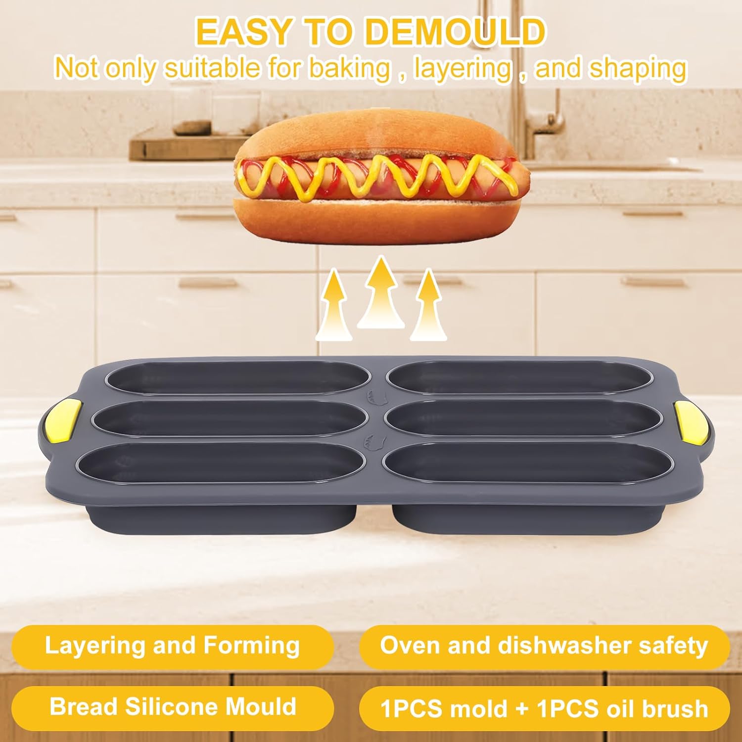 Hot Dog Bun Pan, Baguette Sandwich Baking Tray, with Oil Brush, Non-Stick Mold for French Bread, Sandwiches, Microwave, Oven Safe (A) - Image 8
