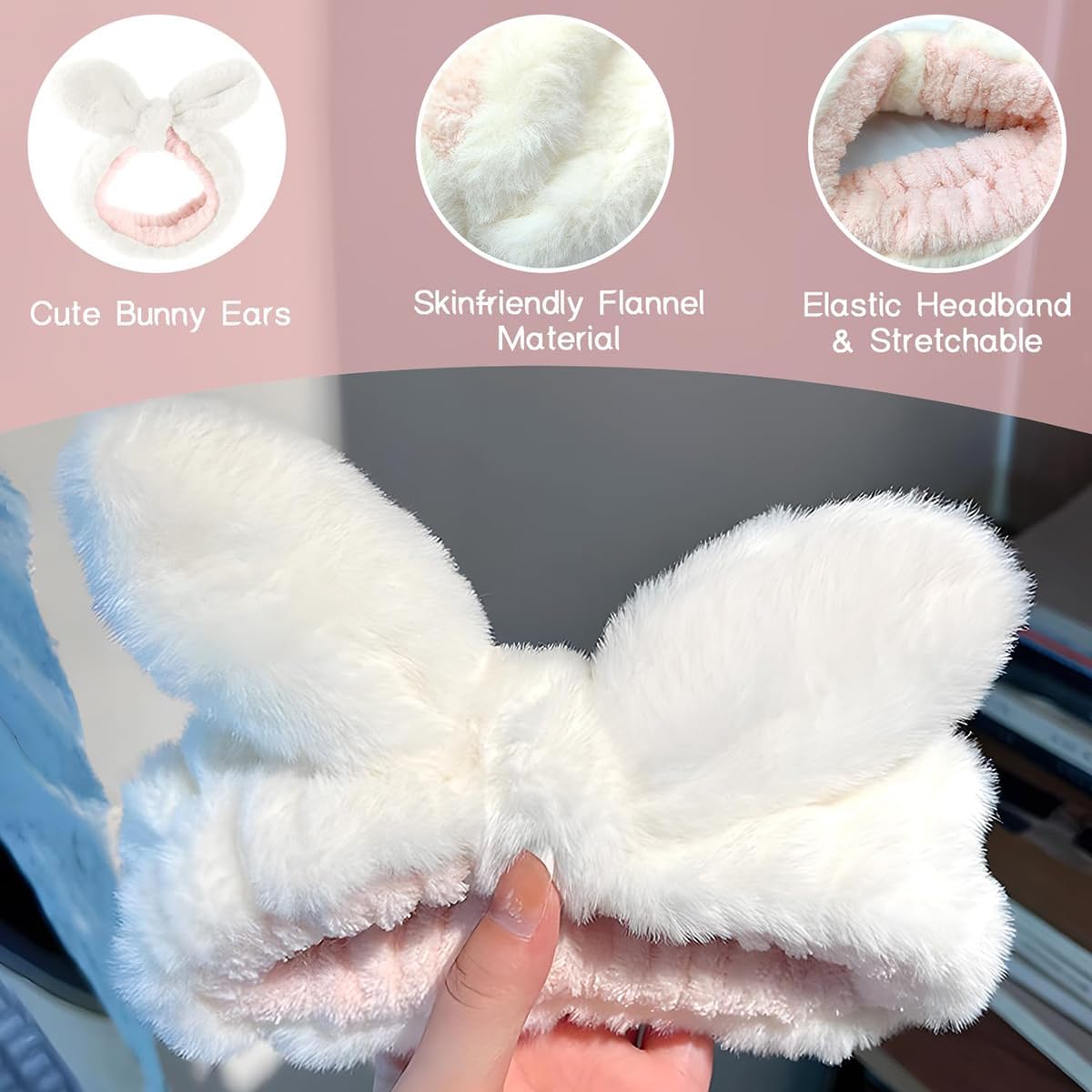 Skin Care Headband, Facial Wash Band, Bunny Ear, Bath Shower, Girls Rubber Makeup (B, M) - Image 6