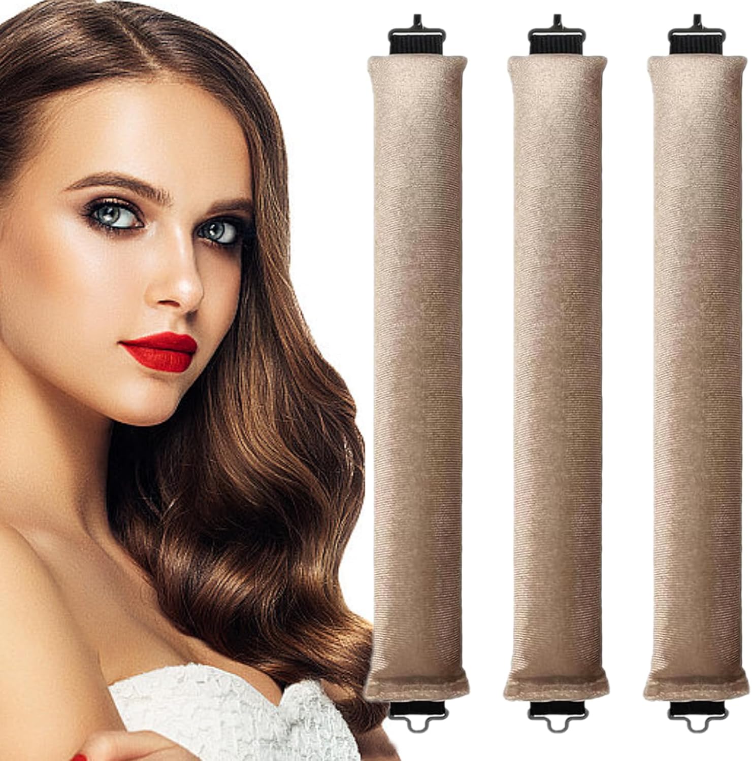 Heatless Hair Curler Set, 3 Pcs Hair Curlers No Heat, Heatless Overnight Blowout Rods with Hook for Hair Styling Tools Women Long Hair Rollers(Kahki) - Image 1