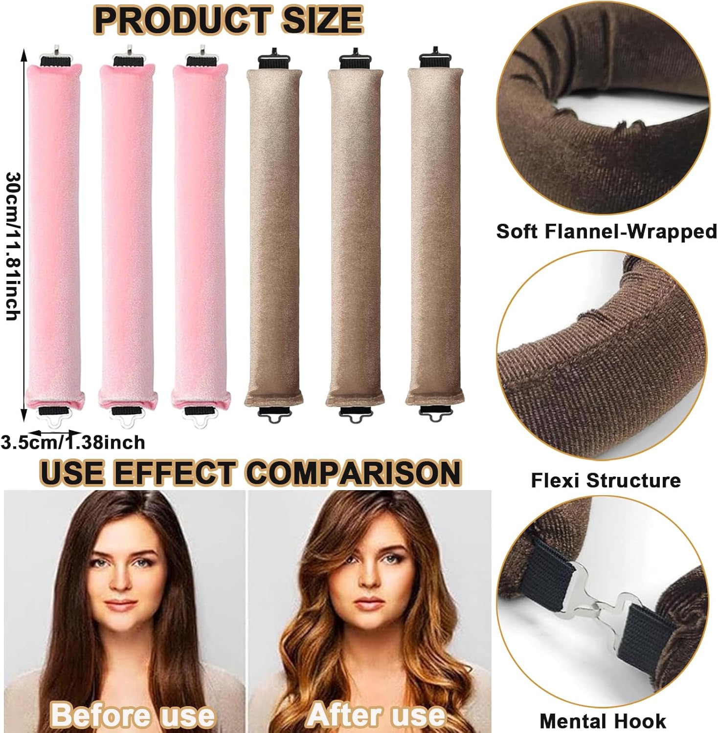 Heatless Hair Curler Set, 3 Pcs Hair Curlers No Heat, Heatless Overnight Blowout Rods with Hook for Hair Styling Tools Women Long Hair Rollers(Kahki) - Image 2