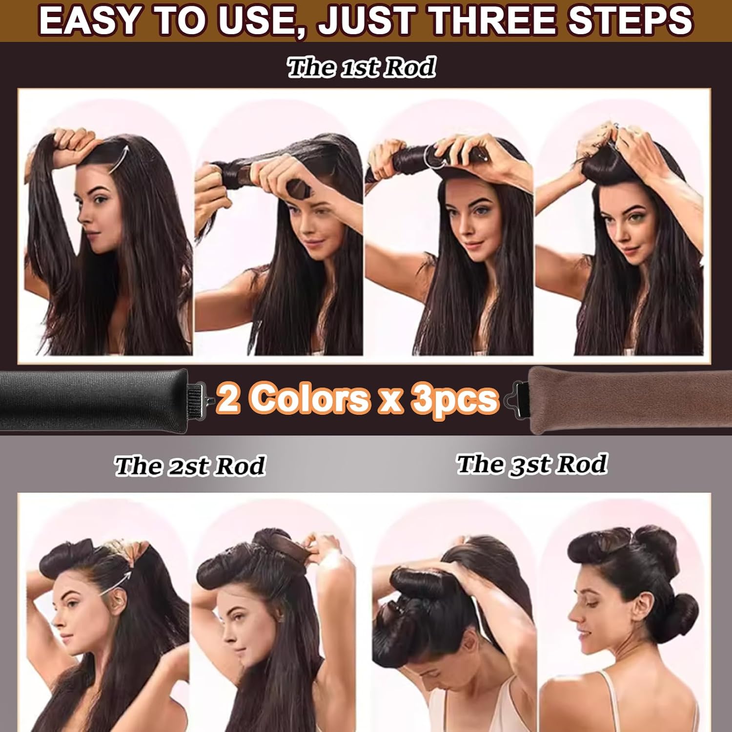 Heatless Hair Curler Set, 3 Pcs Hair Curlers No Heat, Heatless Overnight Blowout Rods with Hook for Hair Styling Tools Women Long Hair Rollers(Kahki) - Image 4
