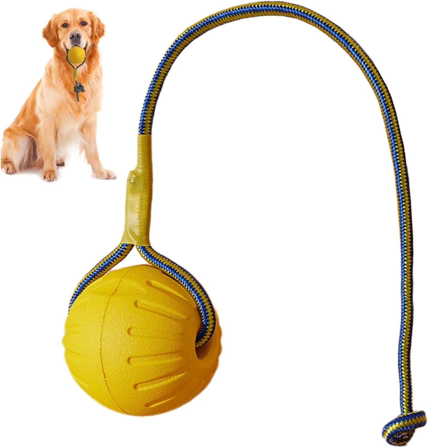 Dog Ball on Rope 3 Inch Rubber Ball on Rope Dog Toy Interactive Training Yellow Color Portable Teething Toys for Reward, Fetch, Play - Image 1