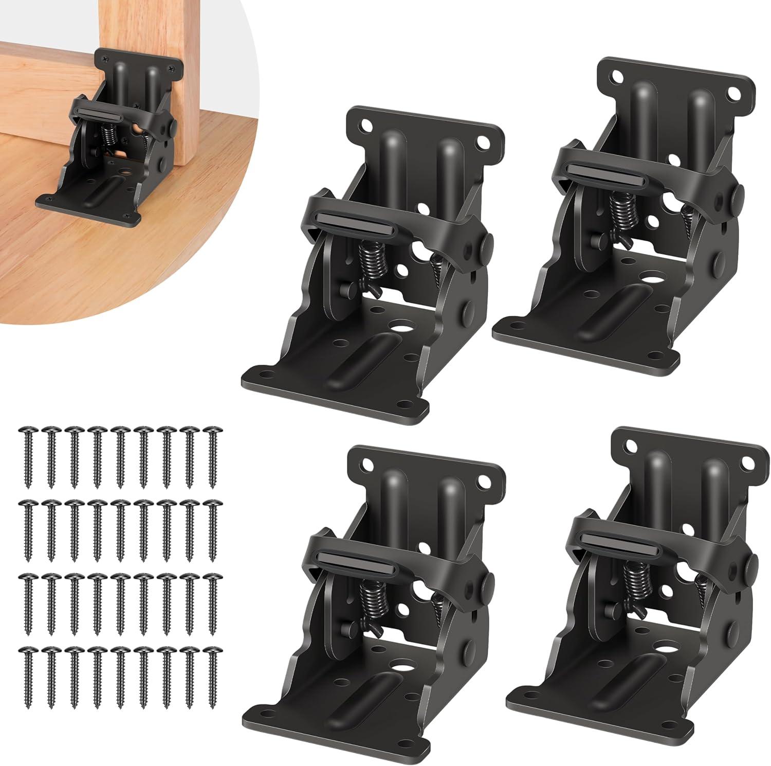 4 Pack Folding Brackets, Self-Lock Hinge with Screws for Folding Table Legs, Lock Extension Support Bracket Bed Legs, Black - Image 1