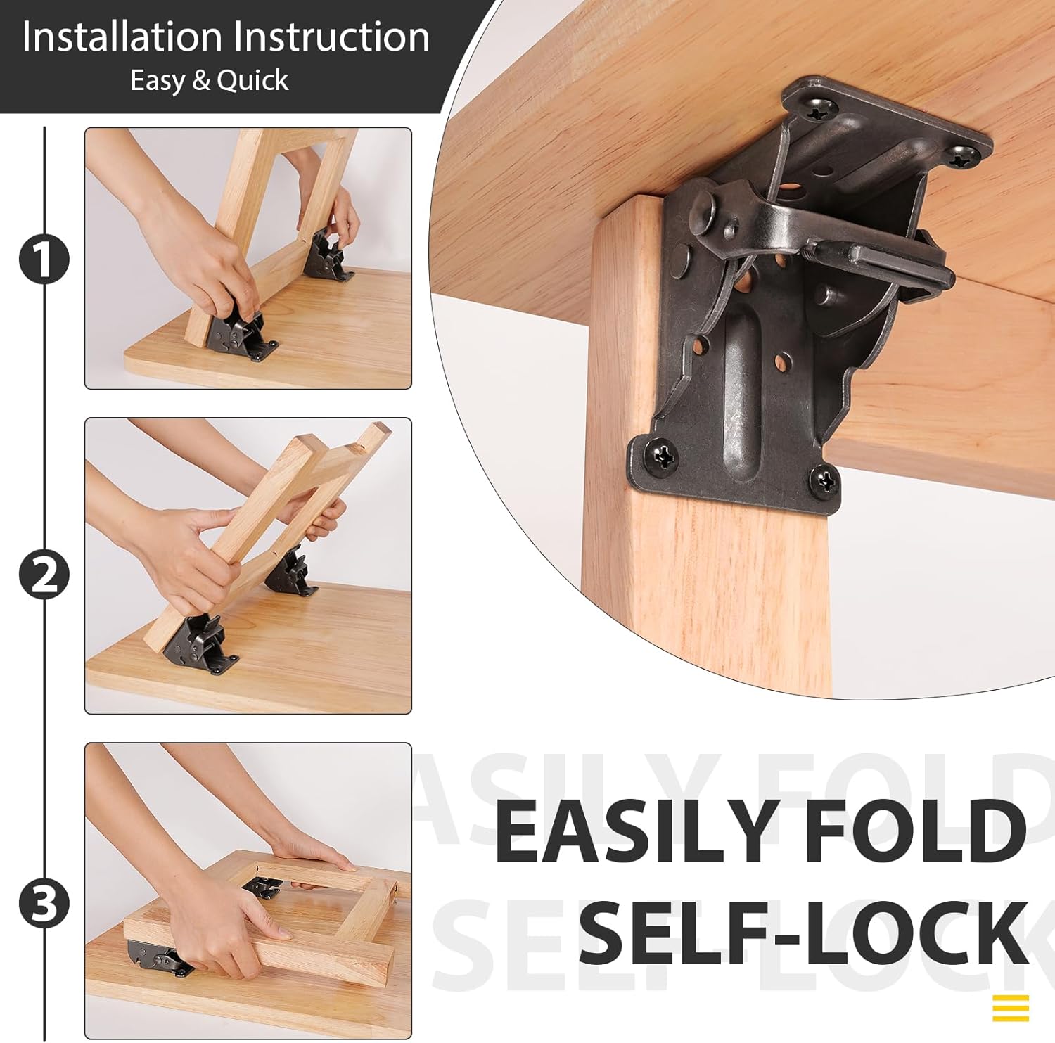 4 Pack Folding Brackets, Self-Lock Hinge with Screws for Folding Table Legs, Lock Extension Support Bracket Bed Legs, Black - Image 3