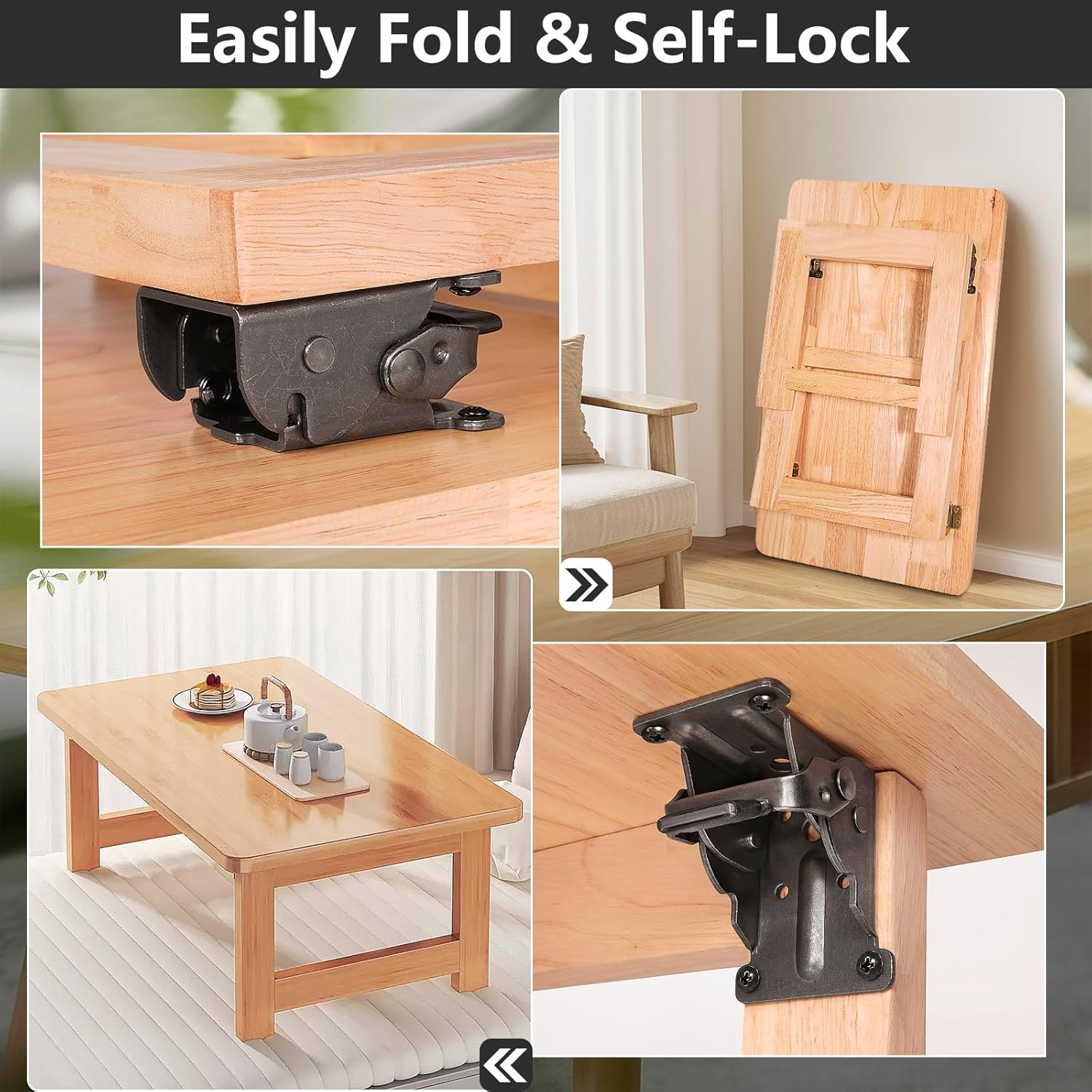 4 Pack Folding Brackets, Self-Lock Hinge with Screws for Folding Table Legs, Lock Extension Support Bracket Bed Legs, Black - Image 4