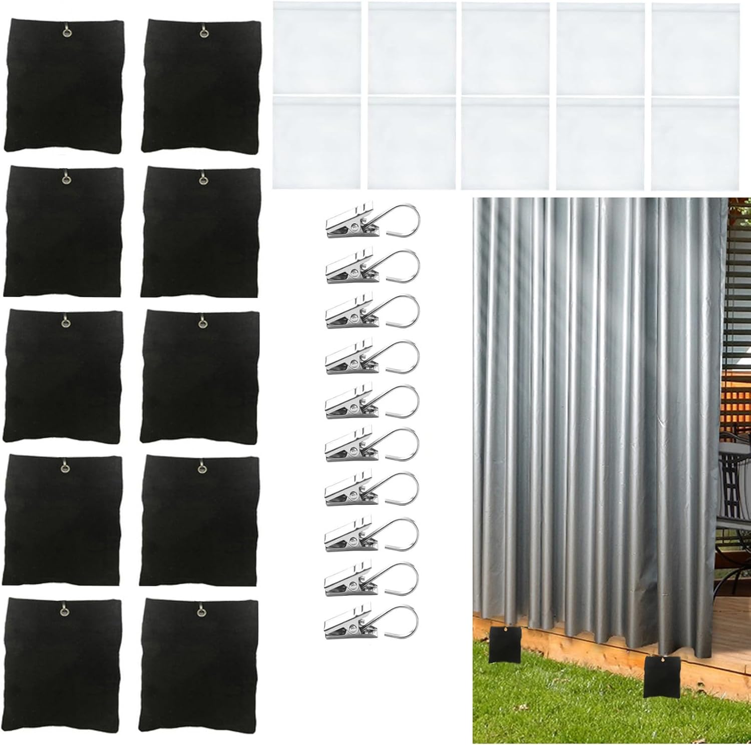 10 Pack Outdoor Curtain Weighted Blocks, 15 oz Outdoor Curtain Sandbag Weighted Bags, Curtain Bottom Weighted Bag Retainer Clips for Outdoor Curtains Gazebo Tent Tablecloths - Image 1