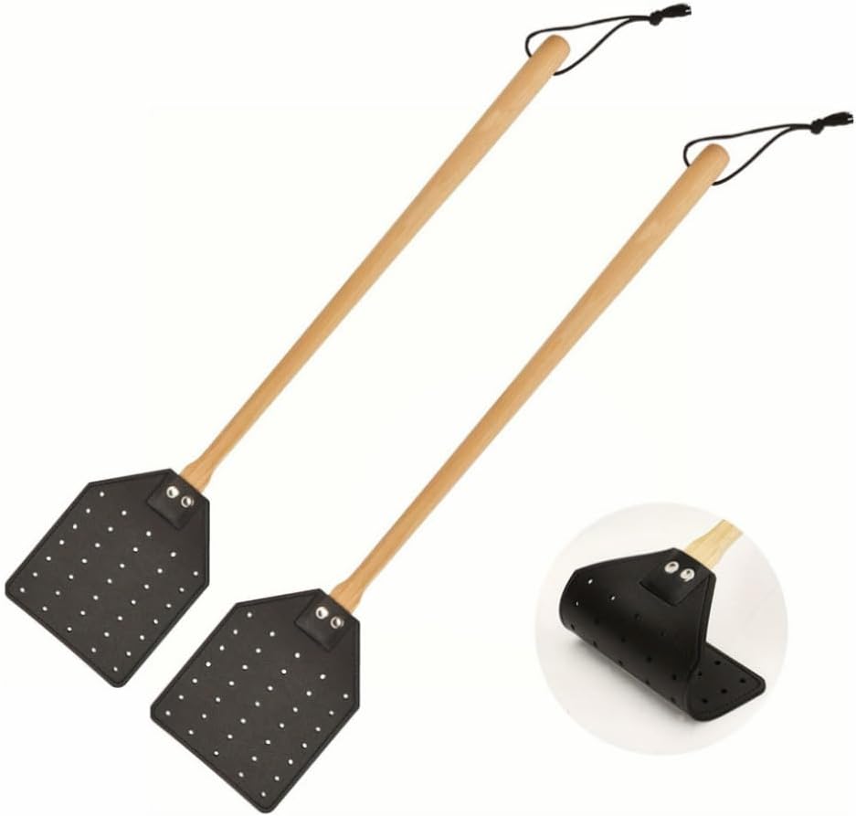 2Pcs Fly Swatter, Heavy Duty Fly Swatter with Long Wood Handle and Hanging Rope Durable for Indoor Outdoor Home Fly(Black) - Image 1