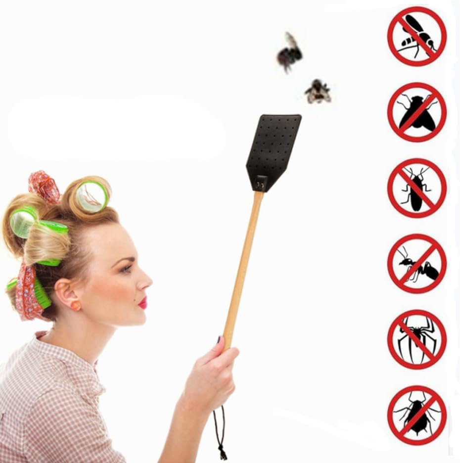 2Pcs Fly Swatter, Heavy Duty Fly Swatter with Long Wood Handle and Hanging Rope Durable for Indoor Outdoor Home Fly(Black) - Image 3