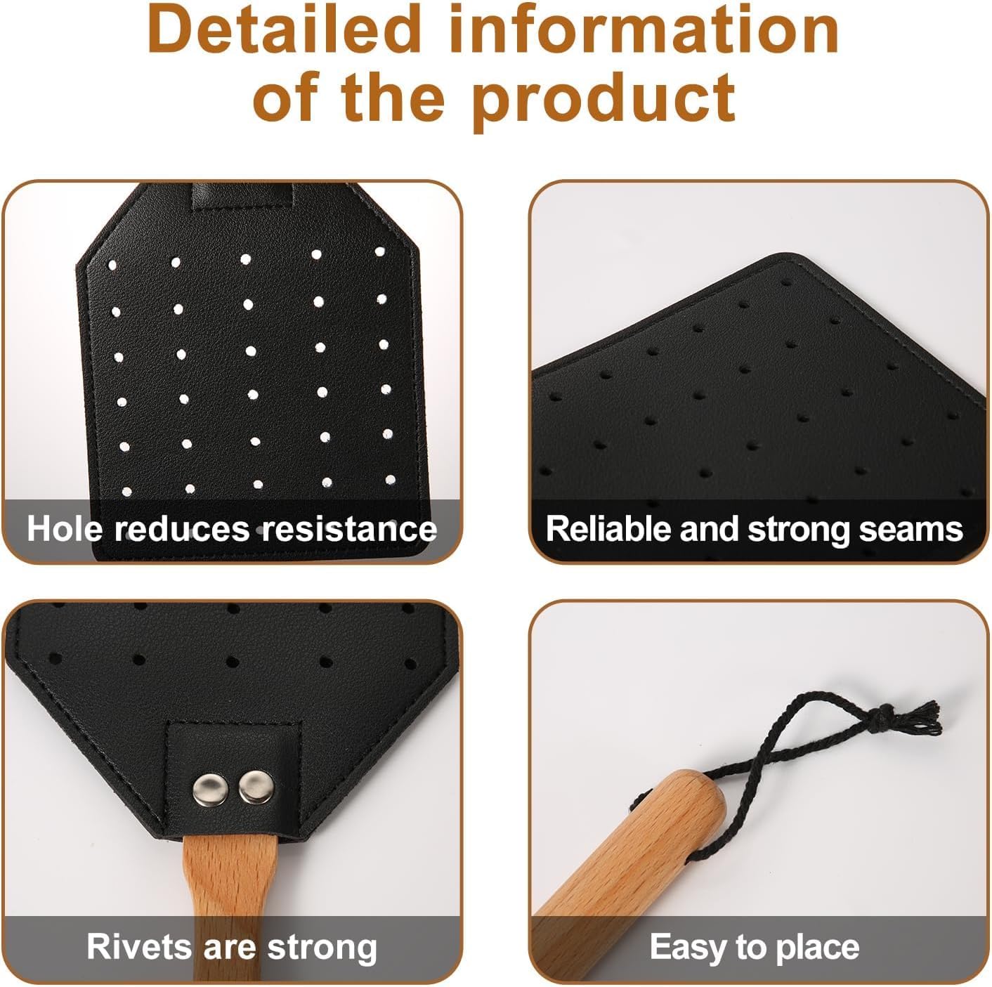 2Pcs Fly Swatter, Heavy Duty Fly Swatter with Long Wood Handle and Hanging Rope Durable for Indoor Outdoor Home Fly(Black) - Image 4