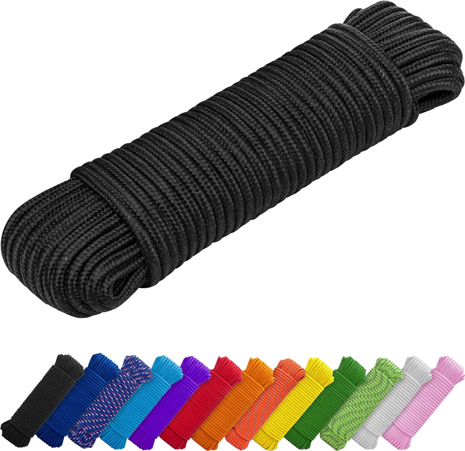Rope – 1/4” & 3/8” – 90 FT | 150 FT – Strong All-Purpose Utility Rope – Camping, Crafting, Flag Pole, Indoor & Outdoor – Polypropylene Nylon Poly Lightweight Diamond Braided Cord – Black - Image 1