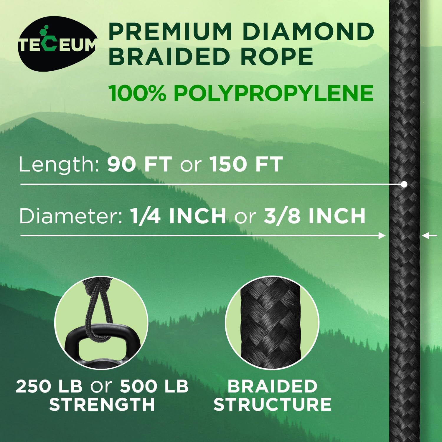 Rope – 1/4” & 3/8” – 90 FT | 150 FT – Strong All-Purpose Utility Rope – Camping, Crafting, Flag Pole, Indoor & Outdoor – Polypropylene Nylon Poly Lightweight Diamond Braided Cord – Black - Image 2