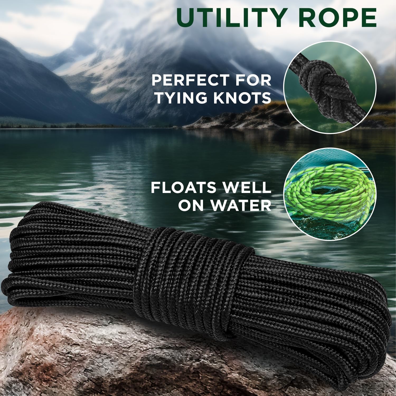 Rope – 1/4” & 3/8” – 90 FT | 150 FT – Strong All-Purpose Utility Rope – Camping, Crafting, Flag Pole, Indoor & Outdoor – Polypropylene Nylon Poly Lightweight Diamond Braided Cord – Black - Image 3