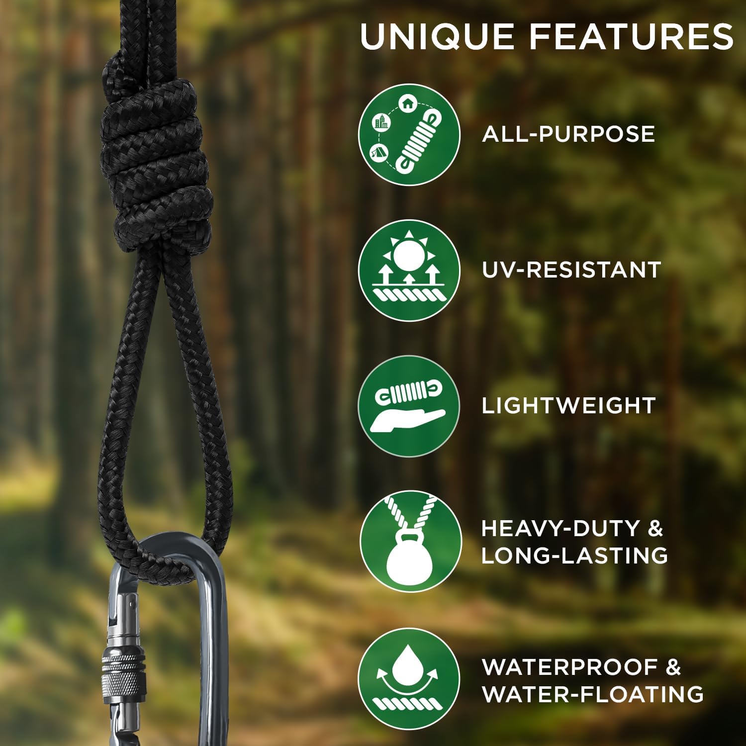 Rope – 1/4” & 3/8” – 90 FT | 150 FT – Strong All-Purpose Utility Rope – Camping, Crafting, Flag Pole, Indoor & Outdoor – Polypropylene Nylon Poly Lightweight Diamond Braided Cord – Black - Image 4