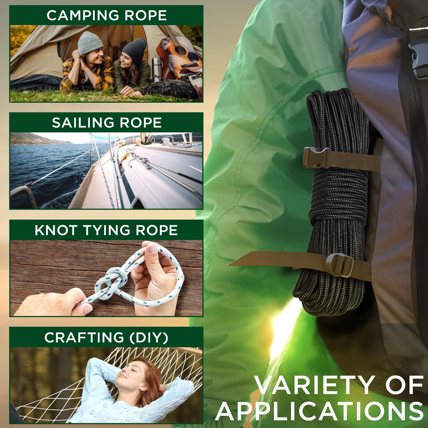 Rope – 1/4” & 3/8” – 90 FT | 150 FT – Strong All-Purpose Utility Rope – Camping, Crafting, Flag Pole, Indoor & Outdoor – Polypropylene Nylon Poly Lightweight Diamond Braided Cord – Black - Image 5