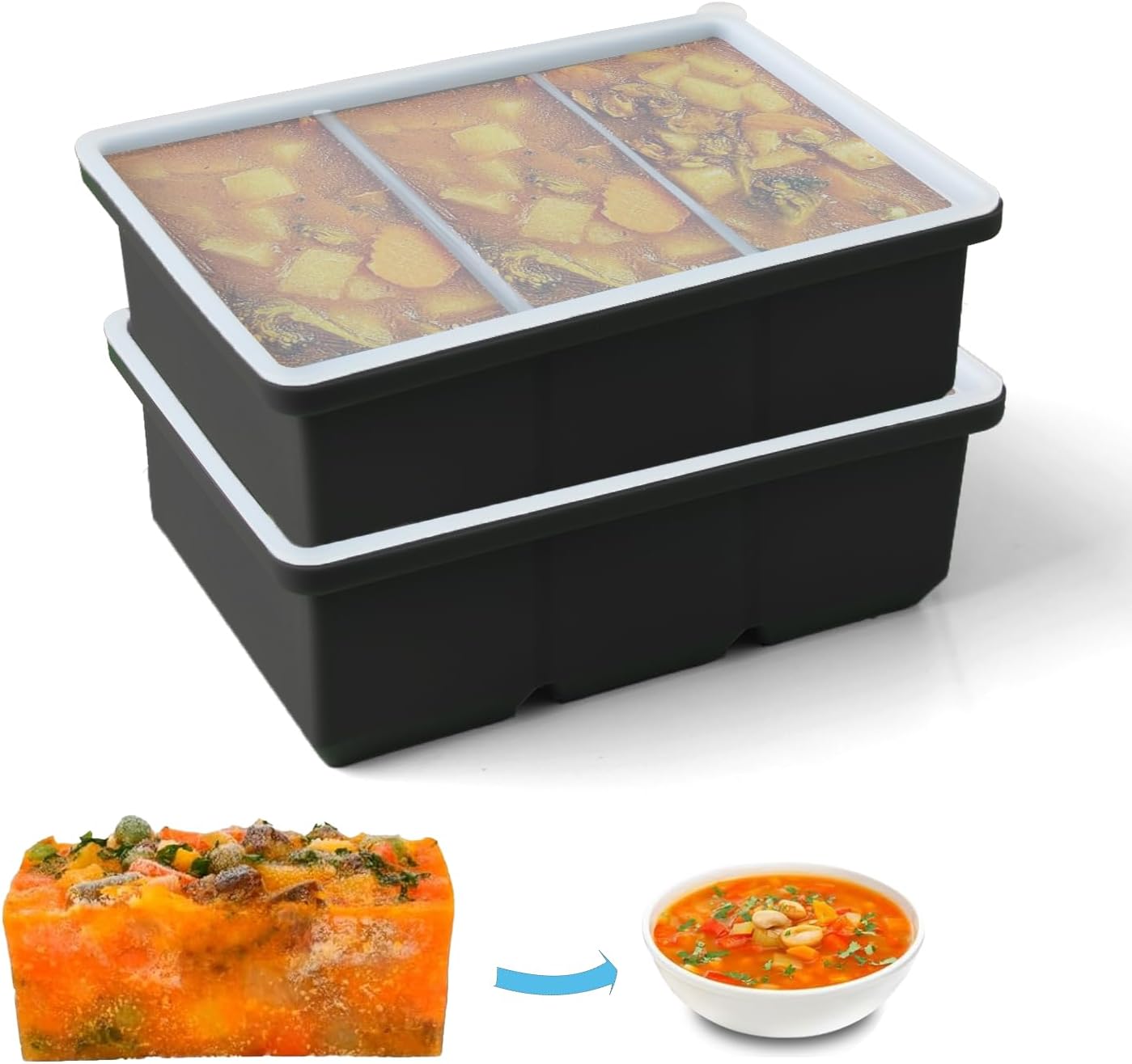 Silicone Ice Cube Trays with Lid for Soup,2 Pack Freezer Container Molds,Easy Release Large Ice Cube Trays-Makes 6 Perfect 1 Cup Portions for Stews Sauces,Broth,Leftovers Storage,Dishwasher Safe - Image 1