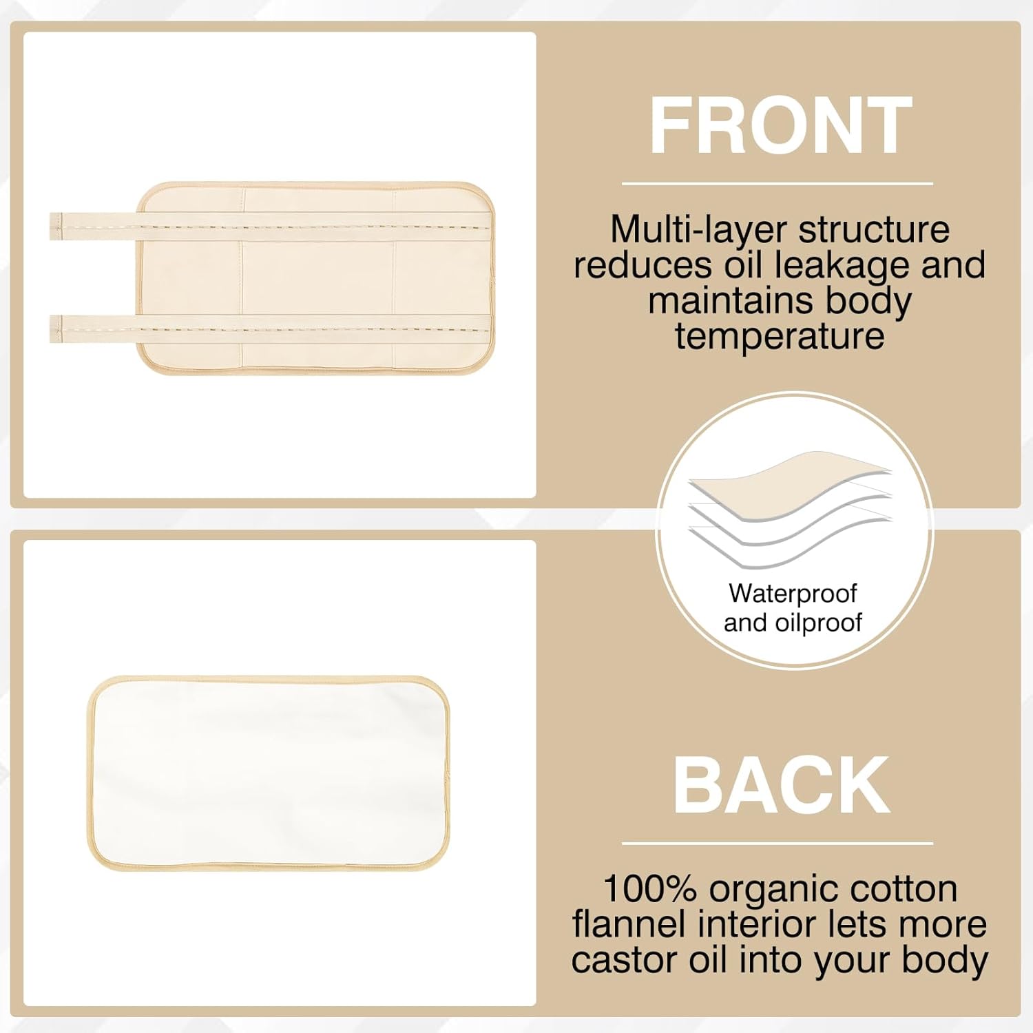 Castor Oil Pack, Adjustable Reusable for Liver Detox, Castor Oil Pack Wrap for Stomach Less Mess, Elastic Strap Bamboo Cotton Machine Washable Anti Leak 1pcs - Image 3