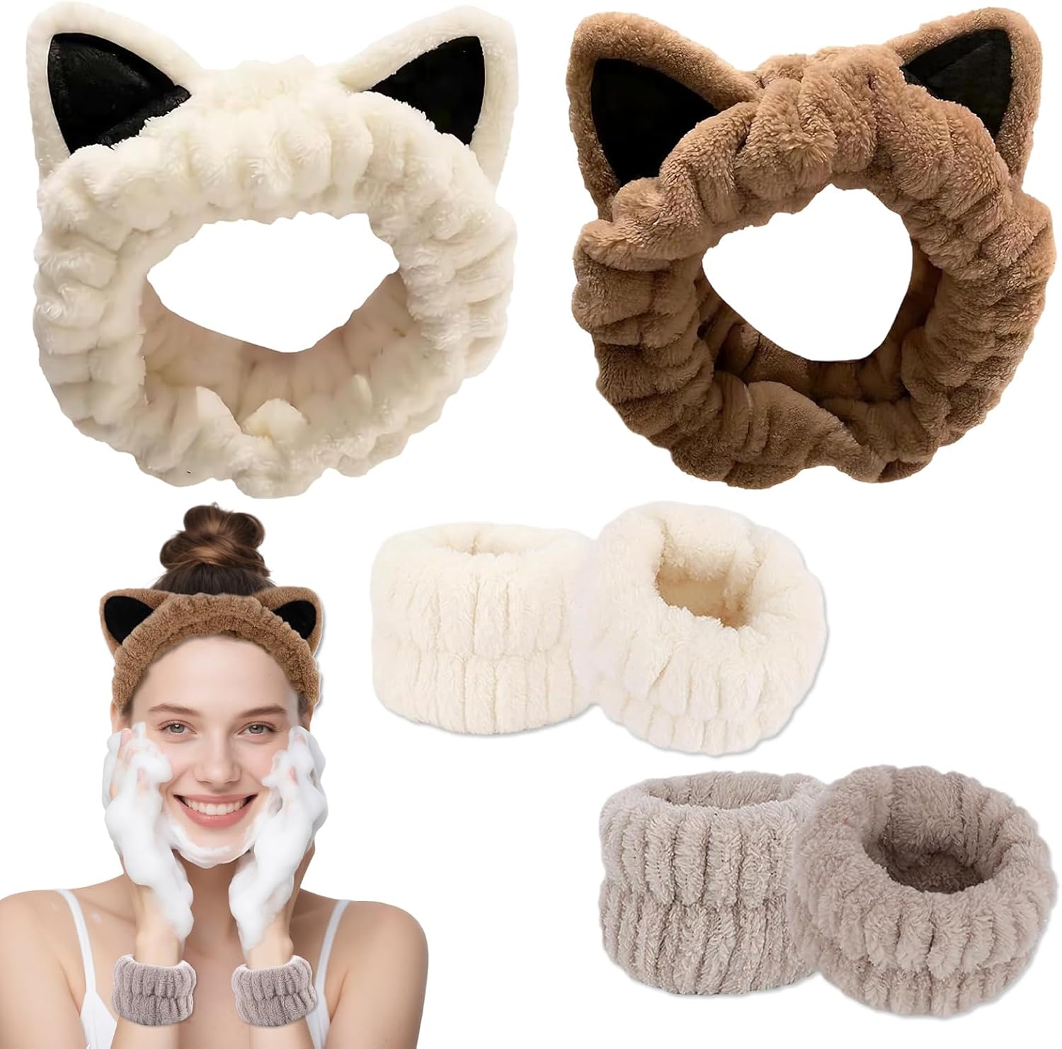4-Piece Set Headband for Washing Face, Cute Makeup Headband & Wrist Bands to Wash Face, Skincare Headband, Spa Headband, Face Wash Wristbands, Stretchable Headbands, Perfect for Spa and Sports Use - Image 1