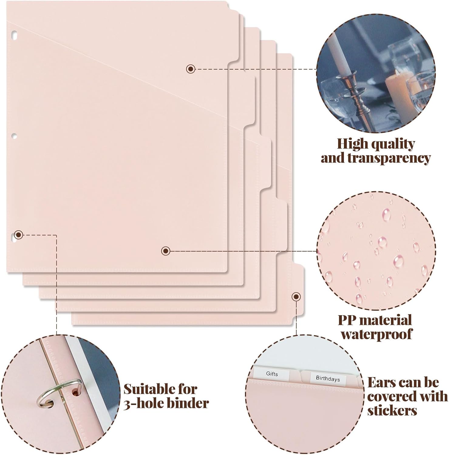 A4 Binder Pockets Dividers with Pockets Plastic 6-Ring Binder Divider Bags, Sturdy 3 Holes 5-Tab Dividers Inserts for Journal, Loose Leaf Planner Office, School and Home Supplies (A4-Pink) - Image 2