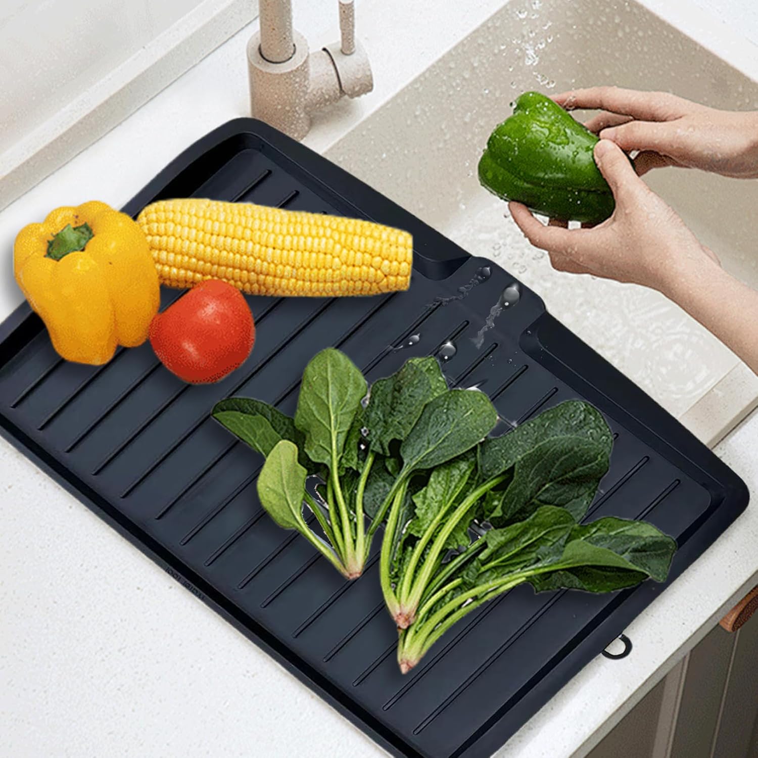 Dish Drain Board Tilt PP Dish Drainer 17.6x12.2x1.2in Quick Dry Dish Drain with Drain Port Multipurpose Dish Drying Rack Black - Image 2