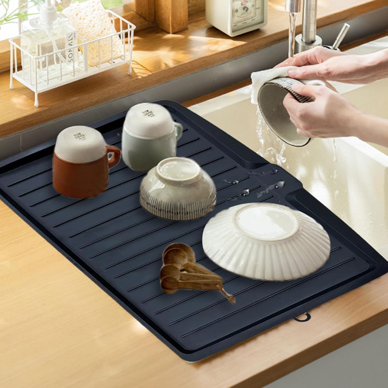 Dish Drain Board Tilt PP Dish Drainer 17.6x12.2x1.2in Quick Dry Dish Drain with Drain Port Multipurpose Dish Drying Rack Black - Image 3