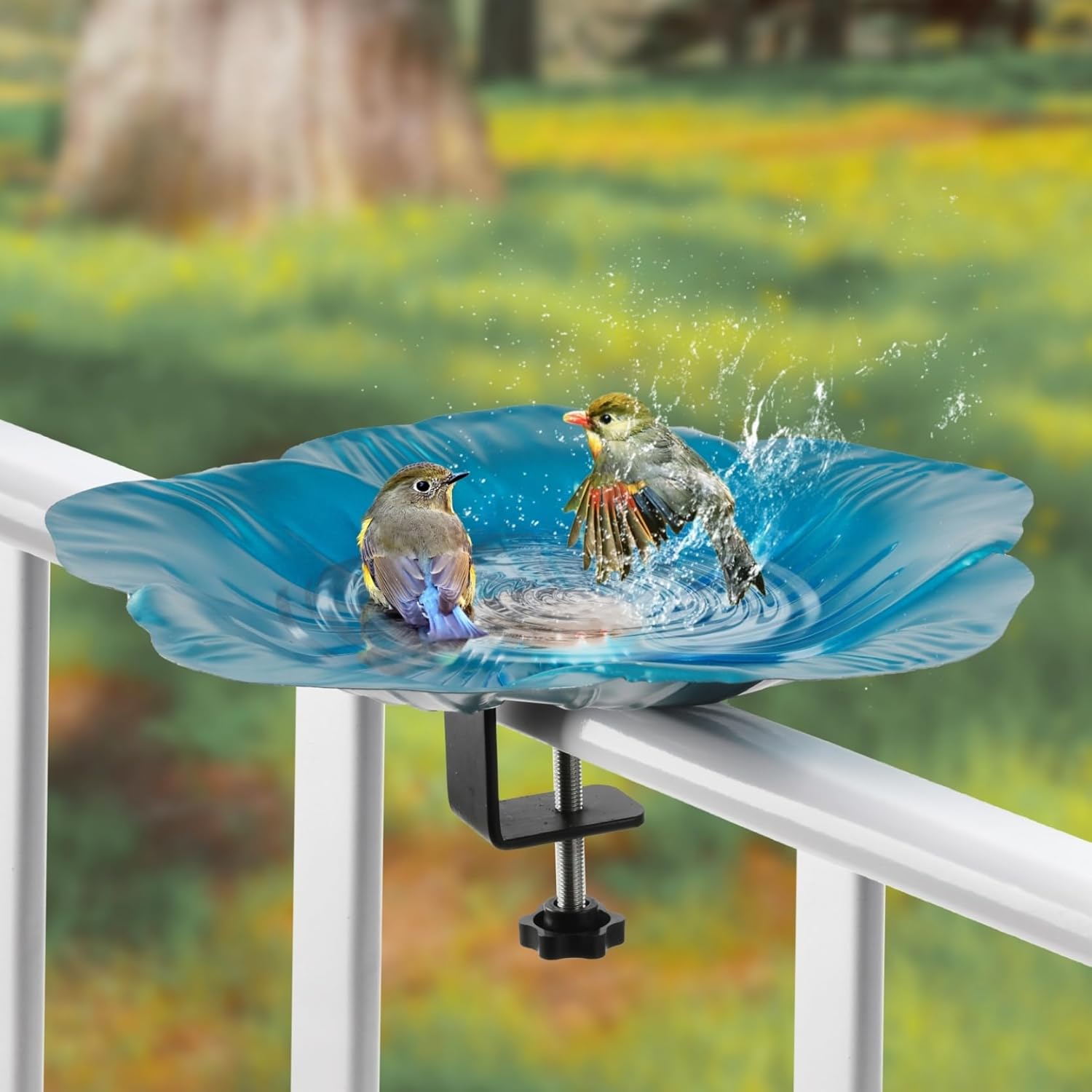 Deck Mounted Bowl Bird Bath for Railing Large 33cm Balcony Clearance Modern Bird Waterer with Stake Clam for Outdoors Garden - Image 1