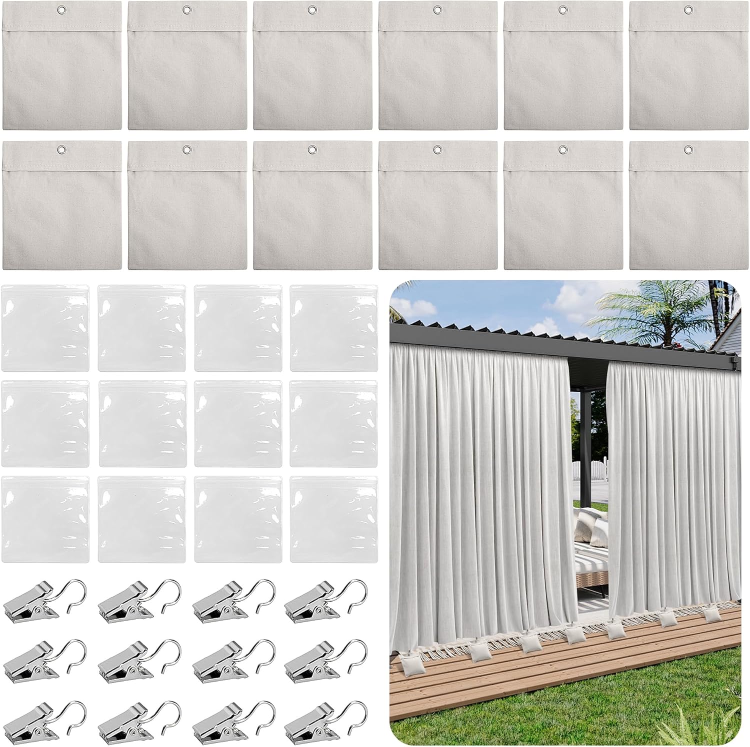 12 Pack Outdoor Curtain Weights Bag, Patio Curtain Sandbag with Sealed Bags and Clips, Reusable Drapery Weighted Bags for Home Outdoor Pergola Gazebo Front Porch (Grey) - Image 1