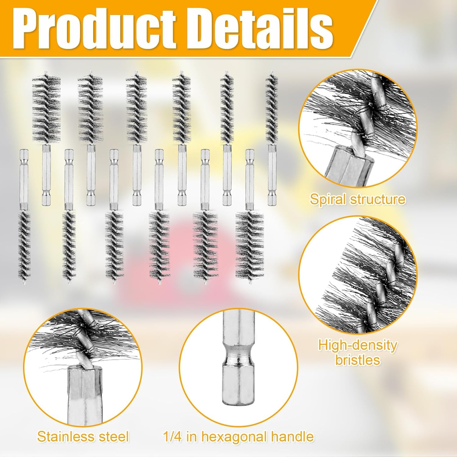 10 Pieces of Wire Brush Drilling Cleaning Brush Set, Stainless Steel Hole Cleaning Brush, 1/4 Inch Hexagonal Handle Tube Cleaning Drill Bit Wire Brush - Image 3