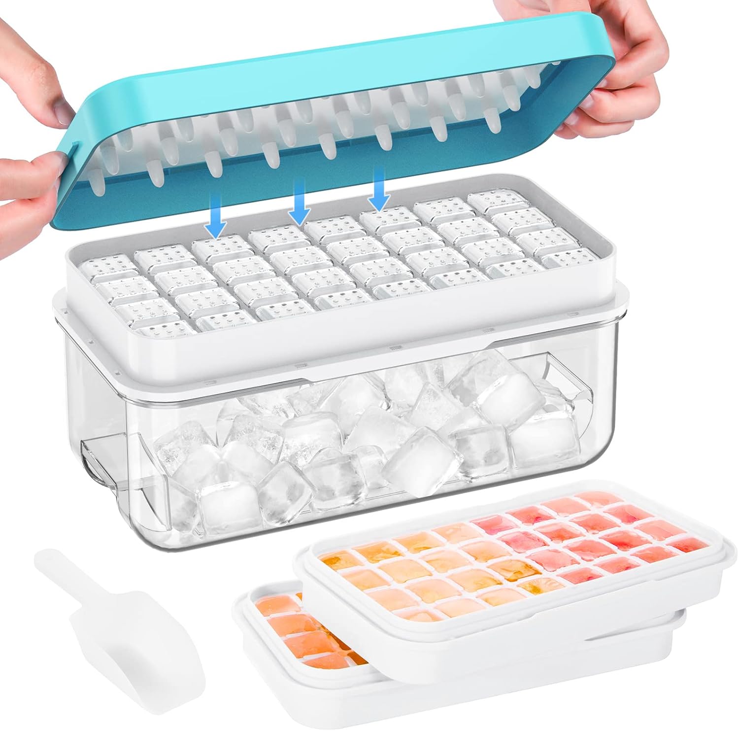 Ice Cube Tray with Lid and Bin, 64 pcs Ice Cubes Molds, Ice Trays for Freezer, Ice Cube Tray Mold, with 2 Trays, Ice Freezer Container, Spill-Resistant Removable Lid & Ice Scoop, for Whiskey,Cocktail - Image 1