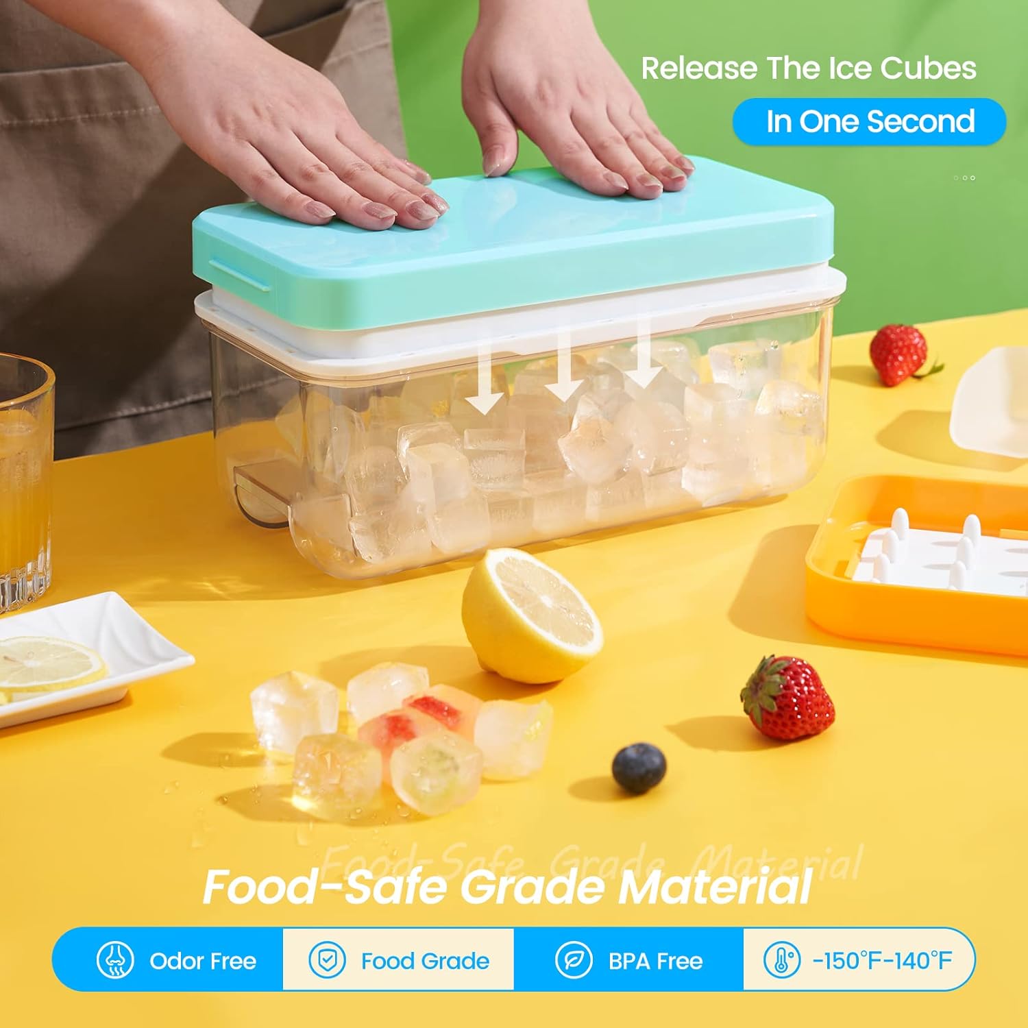 Ice Cube Tray with Lid and Bin, 64 pcs Ice Cubes Molds, Ice Trays for Freezer, Ice Cube Tray Mold, with 2 Trays, Ice Freezer Container, Spill-Resistant Removable Lid & Ice Scoop, for Whiskey,Cocktail - Image 2