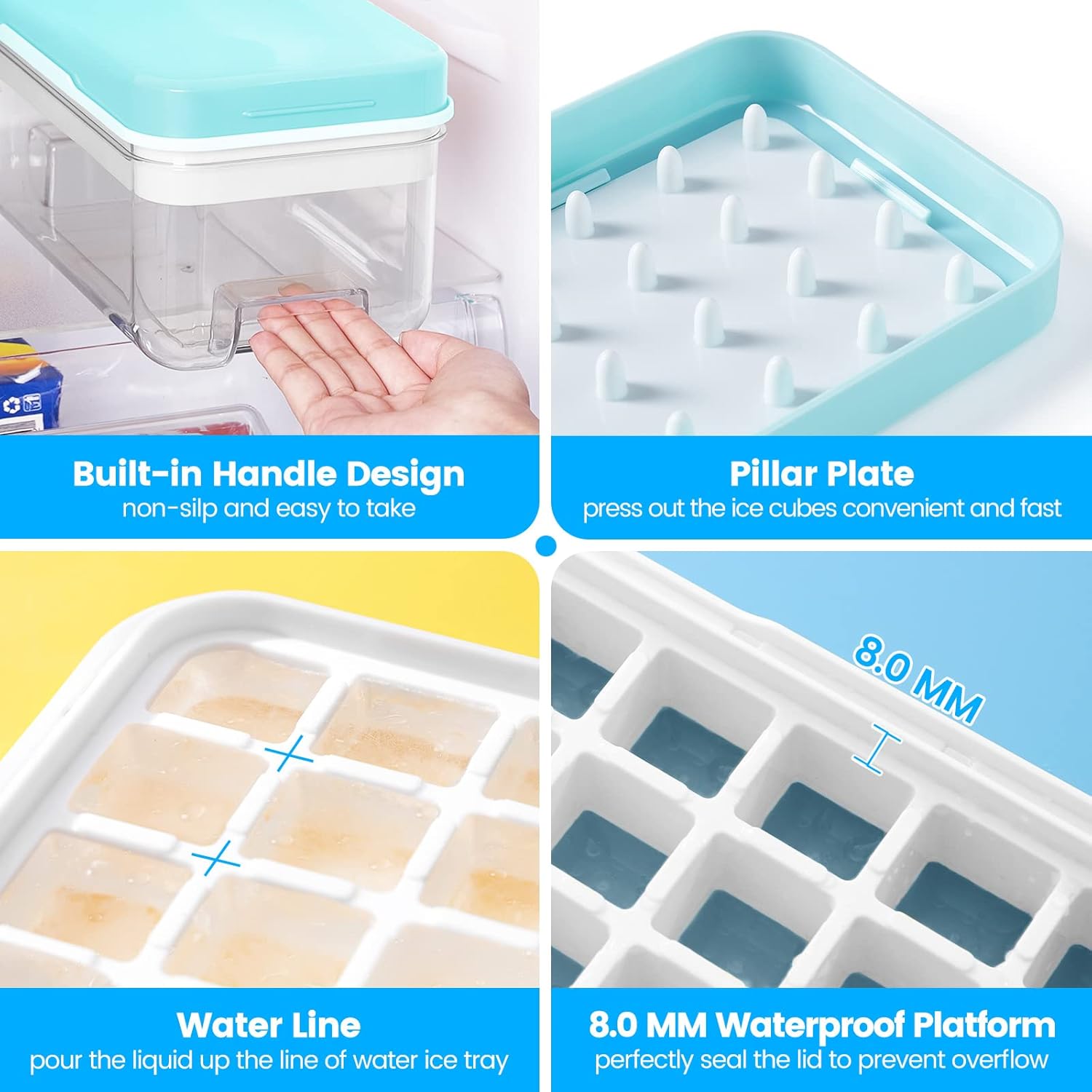 Ice Cube Tray with Lid and Bin, 64 pcs Ice Cubes Molds, Ice Trays for Freezer, Ice Cube Tray Mold, with 2 Trays, Ice Freezer Container, Spill-Resistant Removable Lid & Ice Scoop, for Whiskey,Cocktail - Image 3