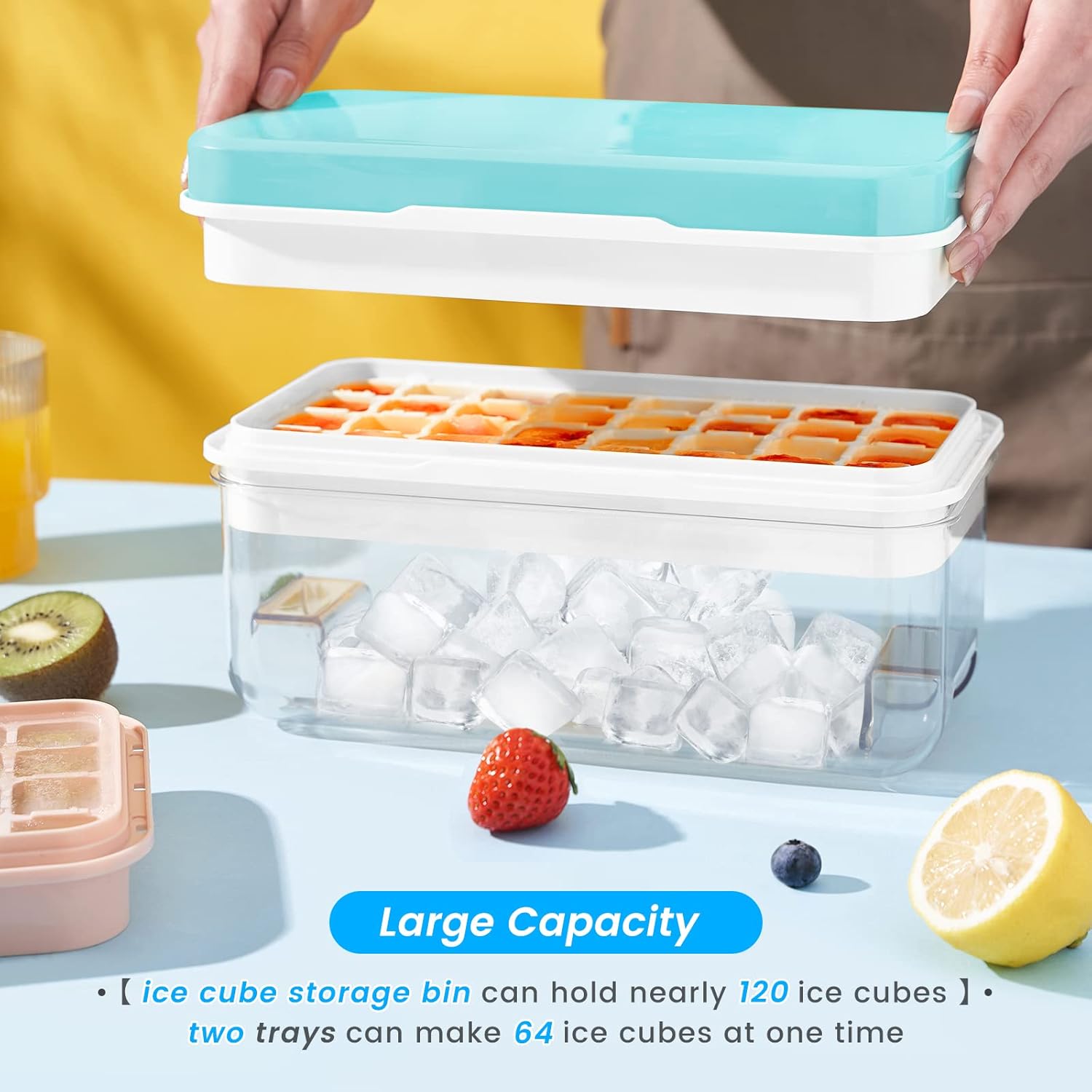Ice Cube Tray with Lid and Bin, 64 pcs Ice Cubes Molds, Ice Trays for Freezer, Ice Cube Tray Mold, with 2 Trays, Ice Freezer Container, Spill-Resistant Removable Lid & Ice Scoop, for Whiskey,Cocktail - Image 4