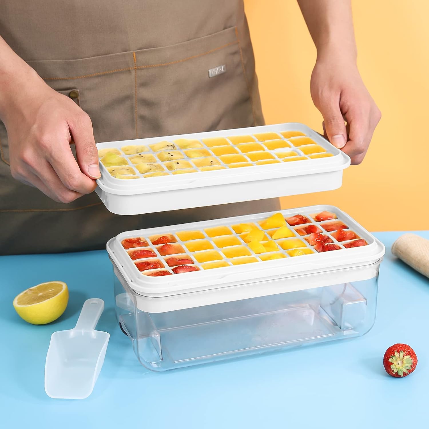 Ice Cube Tray with Lid and Bin, 64 pcs Ice Cubes Molds, Ice Trays for Freezer, Ice Cube Tray Mold, with 2 Trays, Ice Freezer Container, Spill-Resistant Removable Lid & Ice Scoop, for Whiskey,Cocktail - Image 7