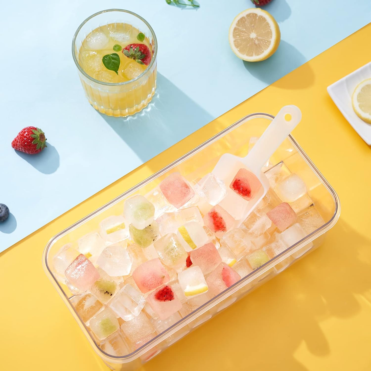 Ice Cube Tray with Lid and Bin, 64 pcs Ice Cubes Molds, Ice Trays for Freezer, Ice Cube Tray Mold, with 2 Trays, Ice Freezer Container, Spill-Resistant Removable Lid & Ice Scoop, for Whiskey,Cocktail - Image 8