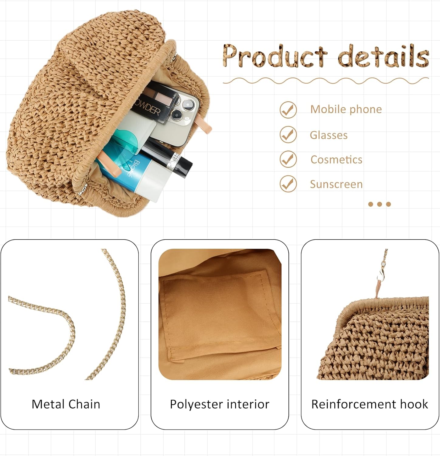 Straw Clutch Purse for Women Cloud Dumpling Pouch Straw Crossbody Shoulder Handbag Summer Beach Woven Bag - Image 4