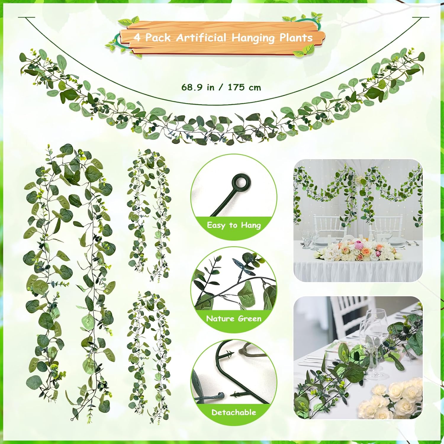 4 Pack Artificial Eucalyptus Garlands for Decoration, Artificial Greenery Garland Fake Vines for Bedroom and Wedding Decor, Artificial Plants with Ivy Vines for Mantle Table Runner Home Decor - Image 4