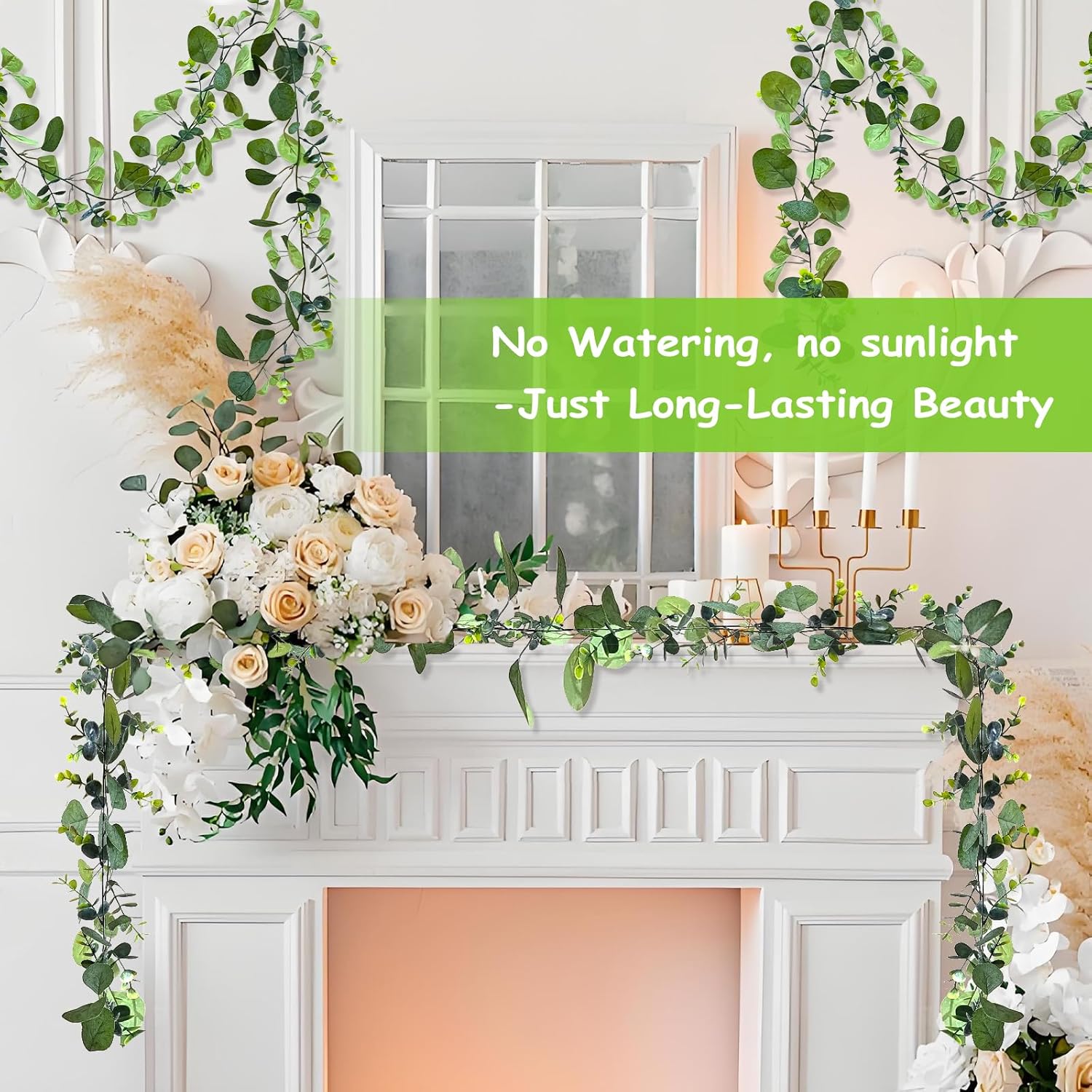 4 Pack Artificial Eucalyptus Garlands for Decoration, Artificial Greenery Garland Fake Vines for Bedroom and Wedding Decor, Artificial Plants with Ivy Vines for Mantle Table Runner Home Decor - Image 5