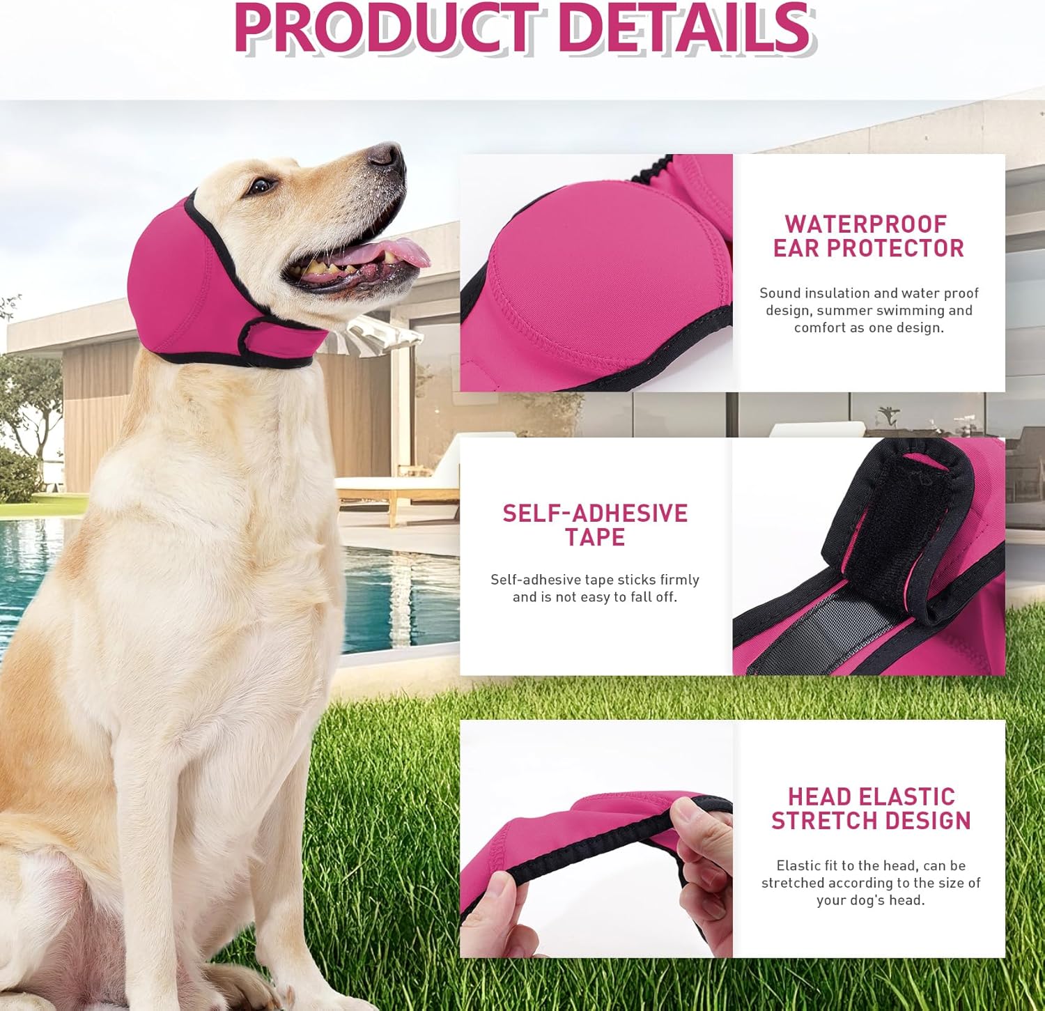 Waterproof Dog Ear Covers for Grooming, Bathing,Swimming, Pet Calming Hoodie Dog Ear Muffs Noise Protection for Blow Drying Sleep Help Headband (Pink，M) - Image 3