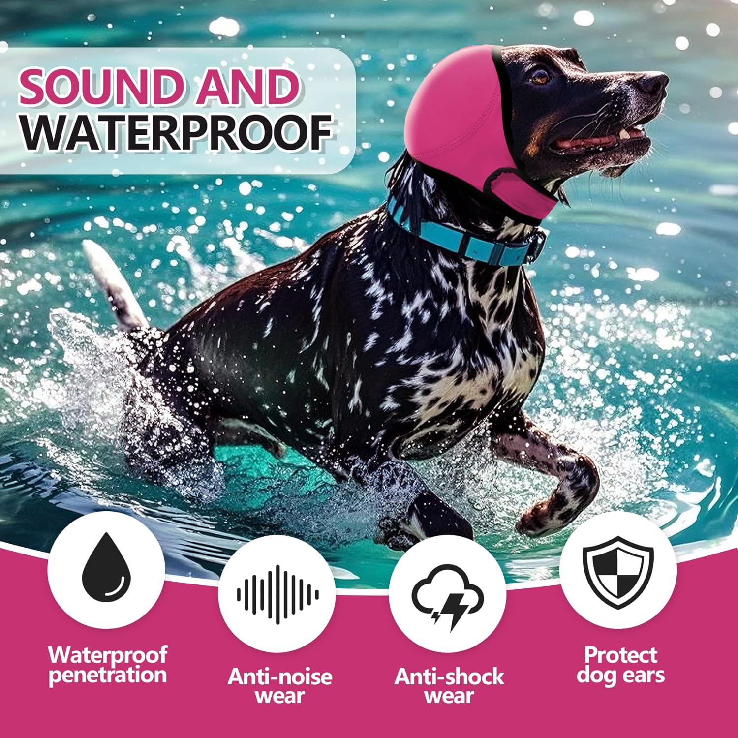 Waterproof Dog Ear Covers for Grooming, Bathing,Swimming, Pet Calming Hoodie Dog Ear Muffs Noise Protection for Blow Drying Sleep Help Headband (Pink，M) - Image 5