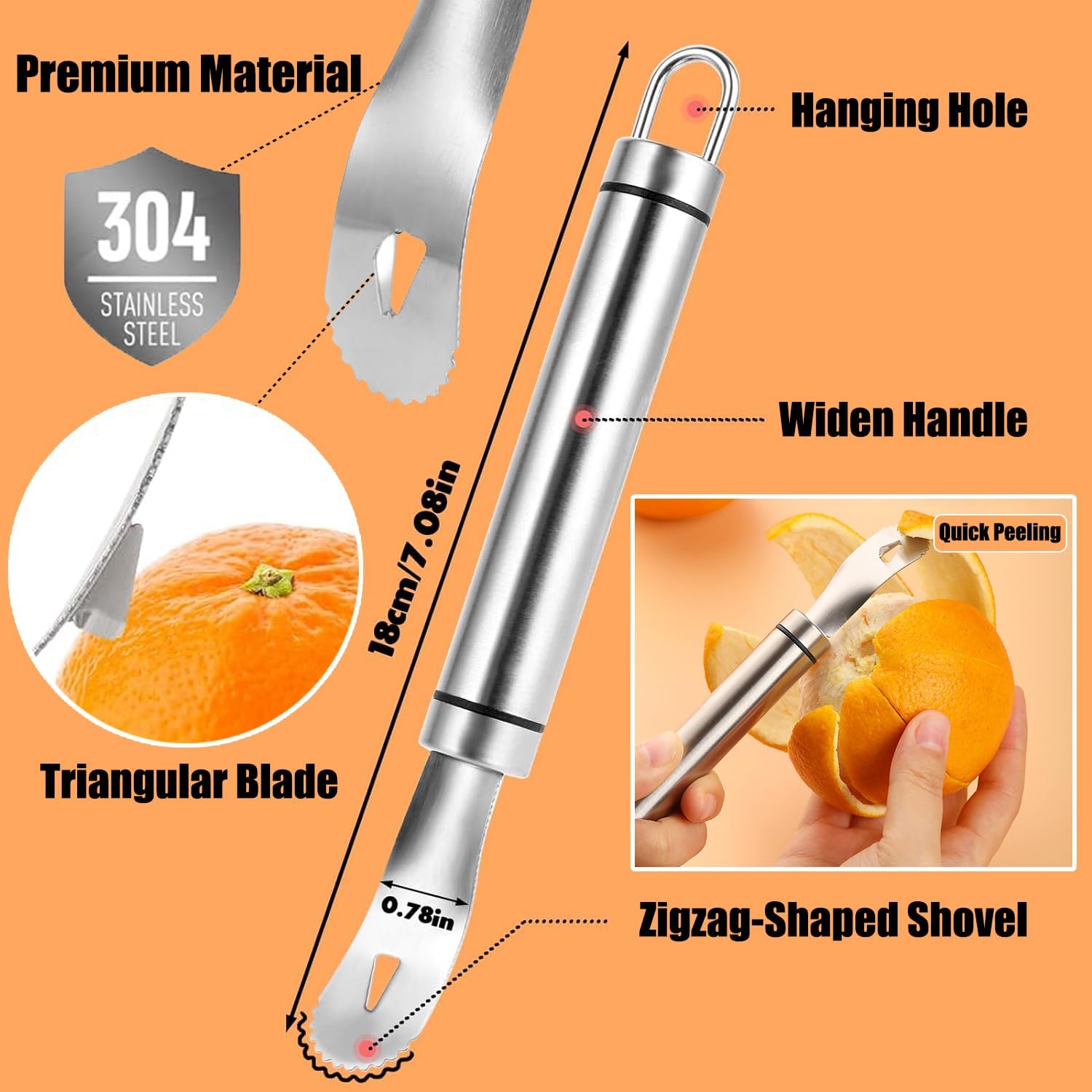 Stainless Steel Orange Peeler Easy and Quick Peeling Long Handle Orange Citrus Peeler Tool Triangle Shovel and Serrated Shovel Orange Peeler Creative Kitchen Gadgets - Image 2