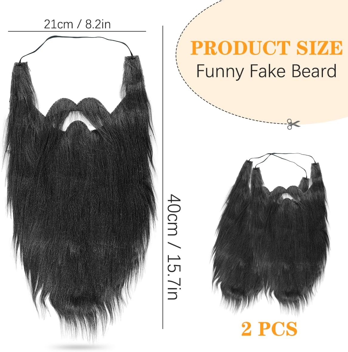 2Pcs Fake Mustache Funny Fake Beard Halloween Decoration Long Fake Moustache Elastic Band Simulation Beard Facial Hair Party Cosplay Costume Accessories (Black) - Image 2