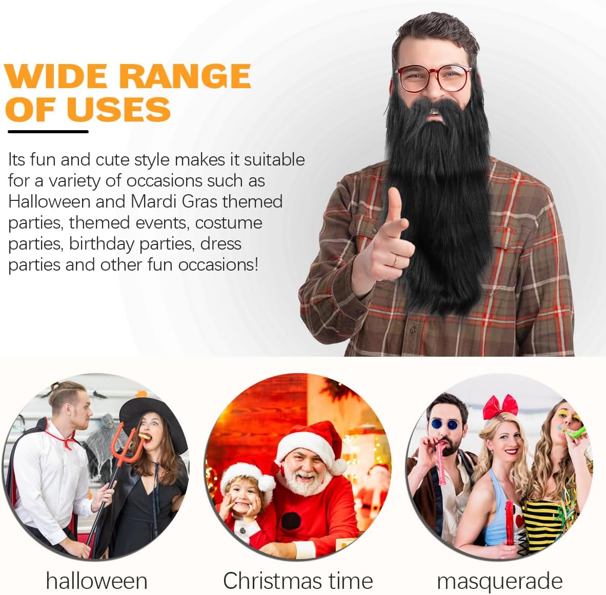 2Pcs Fake Mustache Funny Fake Beard Halloween Decoration Long Fake Moustache Elastic Band Simulation Beard Facial Hair Party Cosplay Costume Accessories (Black) - Image 4